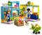 Toy store playset with figures, groceries, and recycling theme. Two children are playing with a cash register and shopping cart.