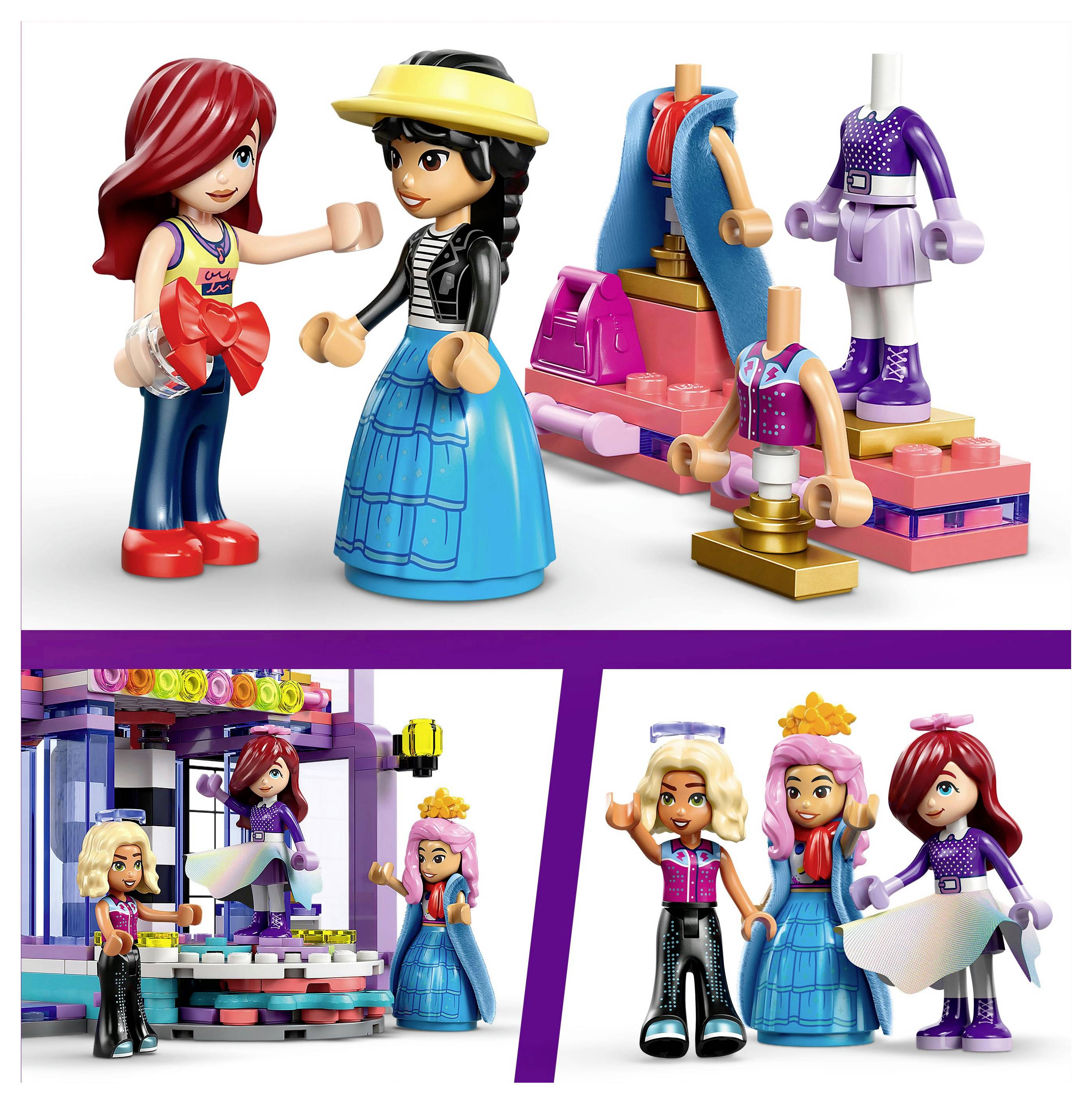 Two dolls in colorful outfits interacting; background shows a dressing setup with accessories. Below, scenes of dolls on a stage and dressing room.