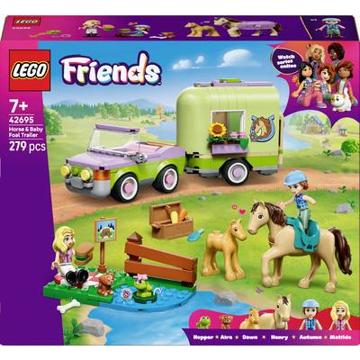 LEGO Friends set 'Horses & Baby Foal Trailer' for ages 7+, featuring a green car and trailer, two figures, horses, and accessories in a countryside scene.