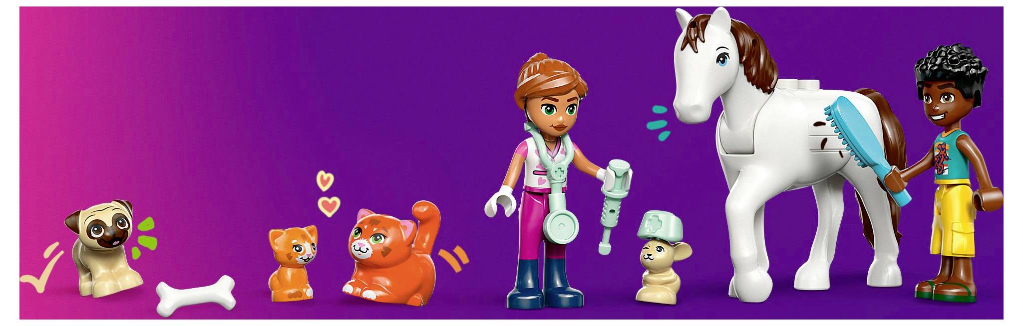 Children's toy set with a pug, two playful cats, a veterinarian holding a syringe, a puppy with a cast, and a child with a horse.