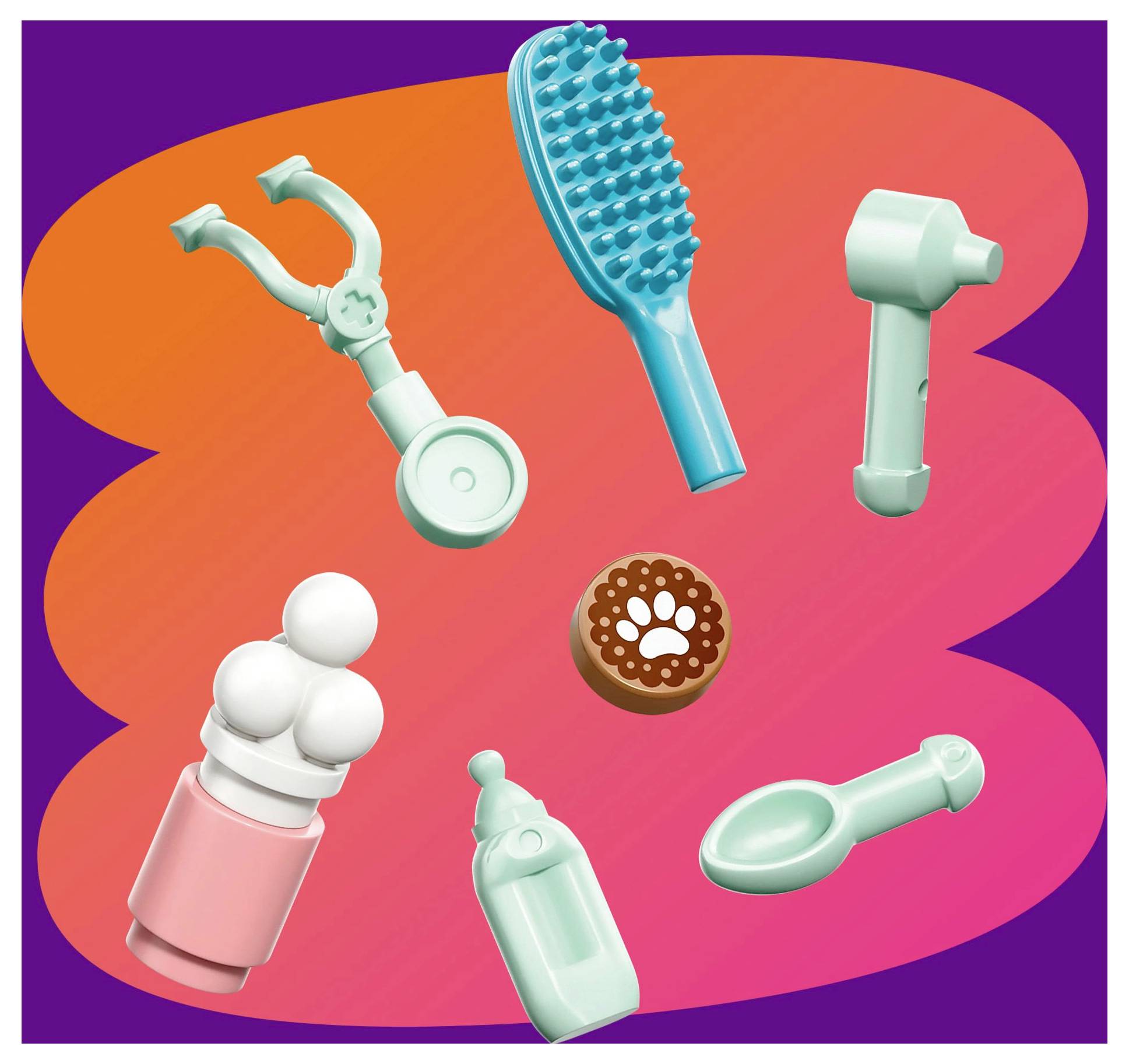Stylized grooming tools, including a brush, spray bottle, and hairdryer, arranged on a purple and orange background.