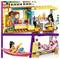LEGO scene with two girls. Top: one girl in a colorful kitchen, another sitting at a table. Bottom left: girl kayaking. Bottom right: girl relaxing in a hammock.