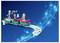 Toy train on tracks with characters resembling a snowman and others on a blue, sparkly background.