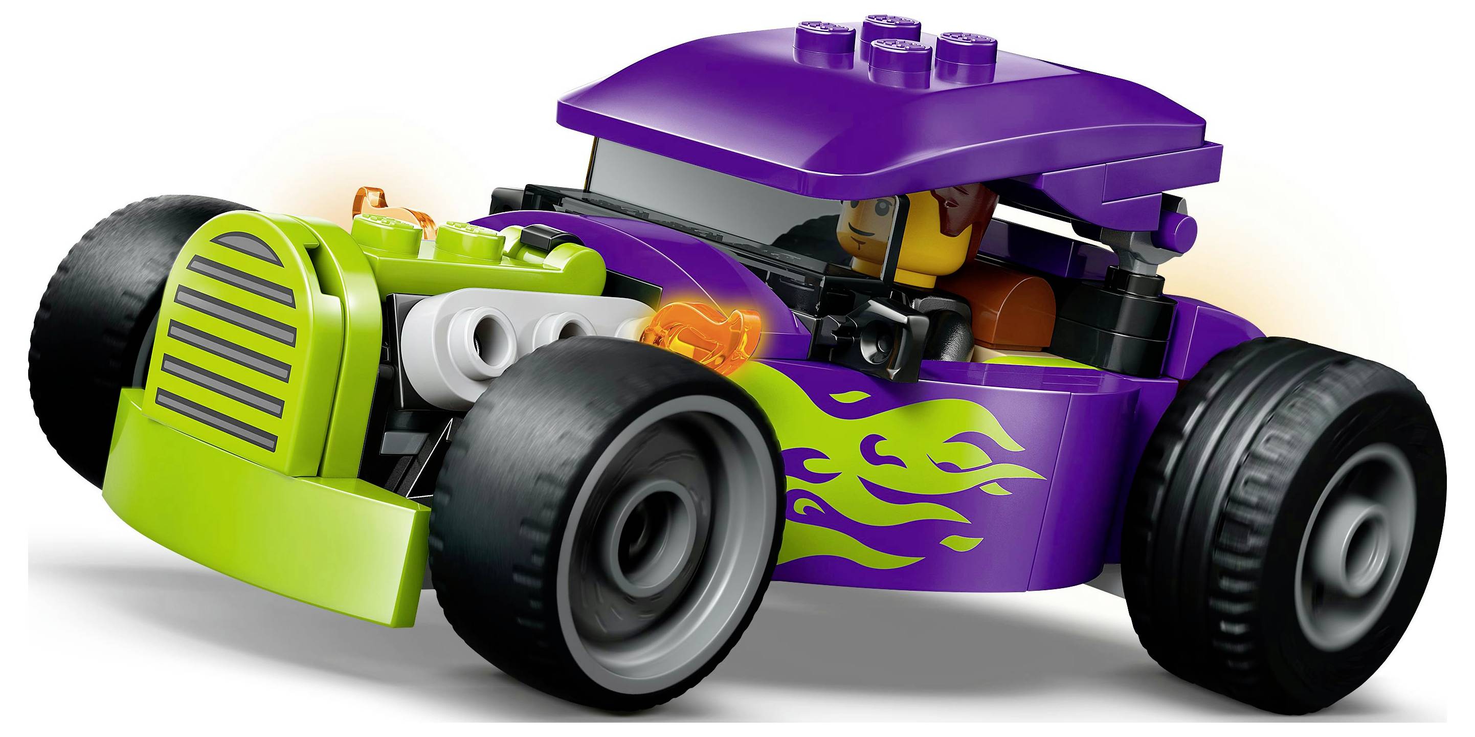 A purple and green toy car with flame decals and large wheels, featuring a minifigure driver in the seat.