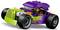 A purple and green toy car with flame decals and large wheels, featuring a minifigure driver in the seat.