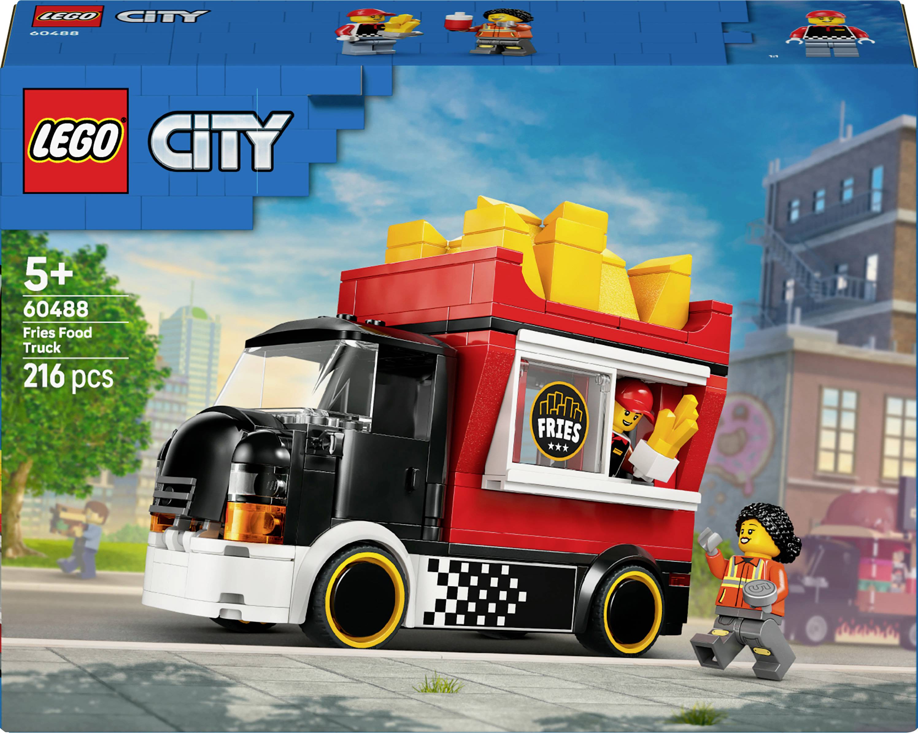 LEGO City Fries Food Truck set 60488; features a black and red truck with a large fries sign on top, including a LEGO figure. Suitable for ages 5+.