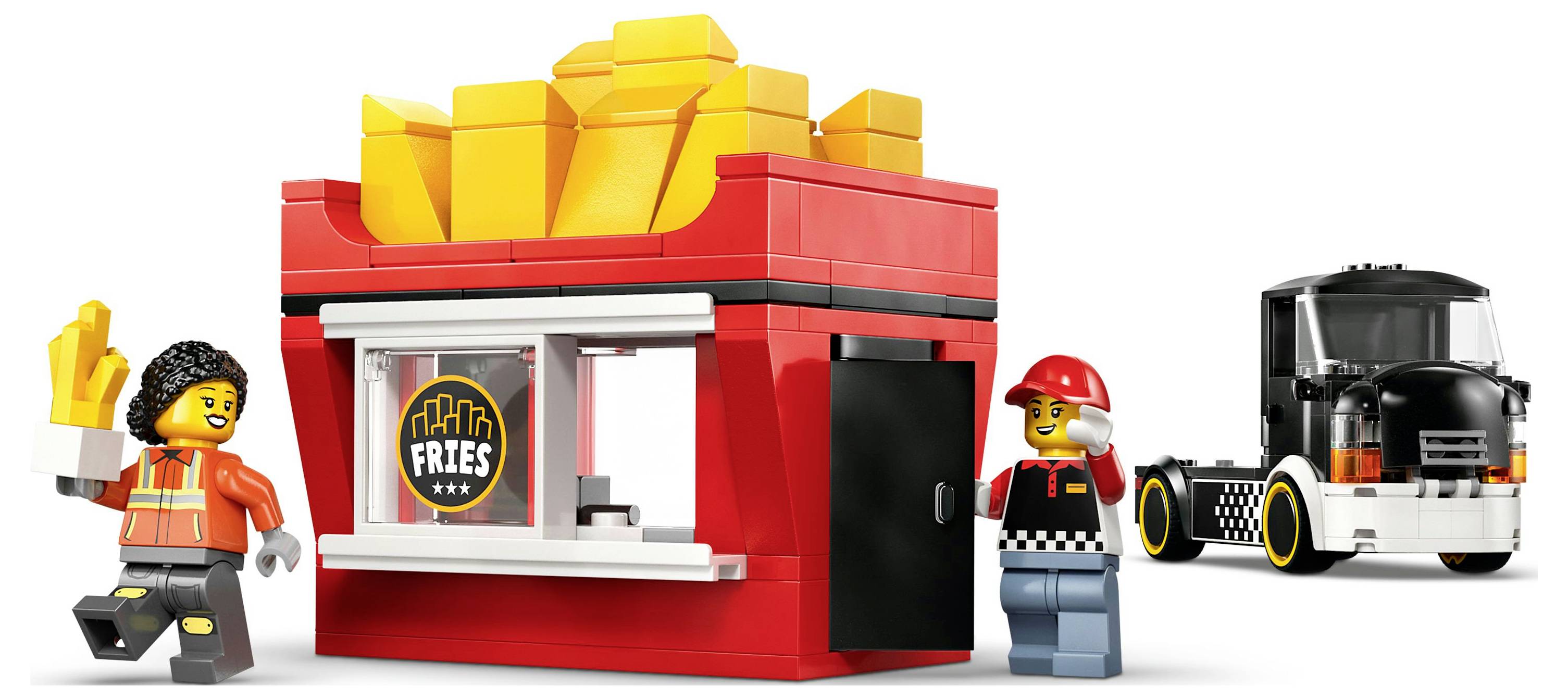 A toy scene with two figures interacting at a small fries stand, one holding a fry, with a toy truck nearby.
