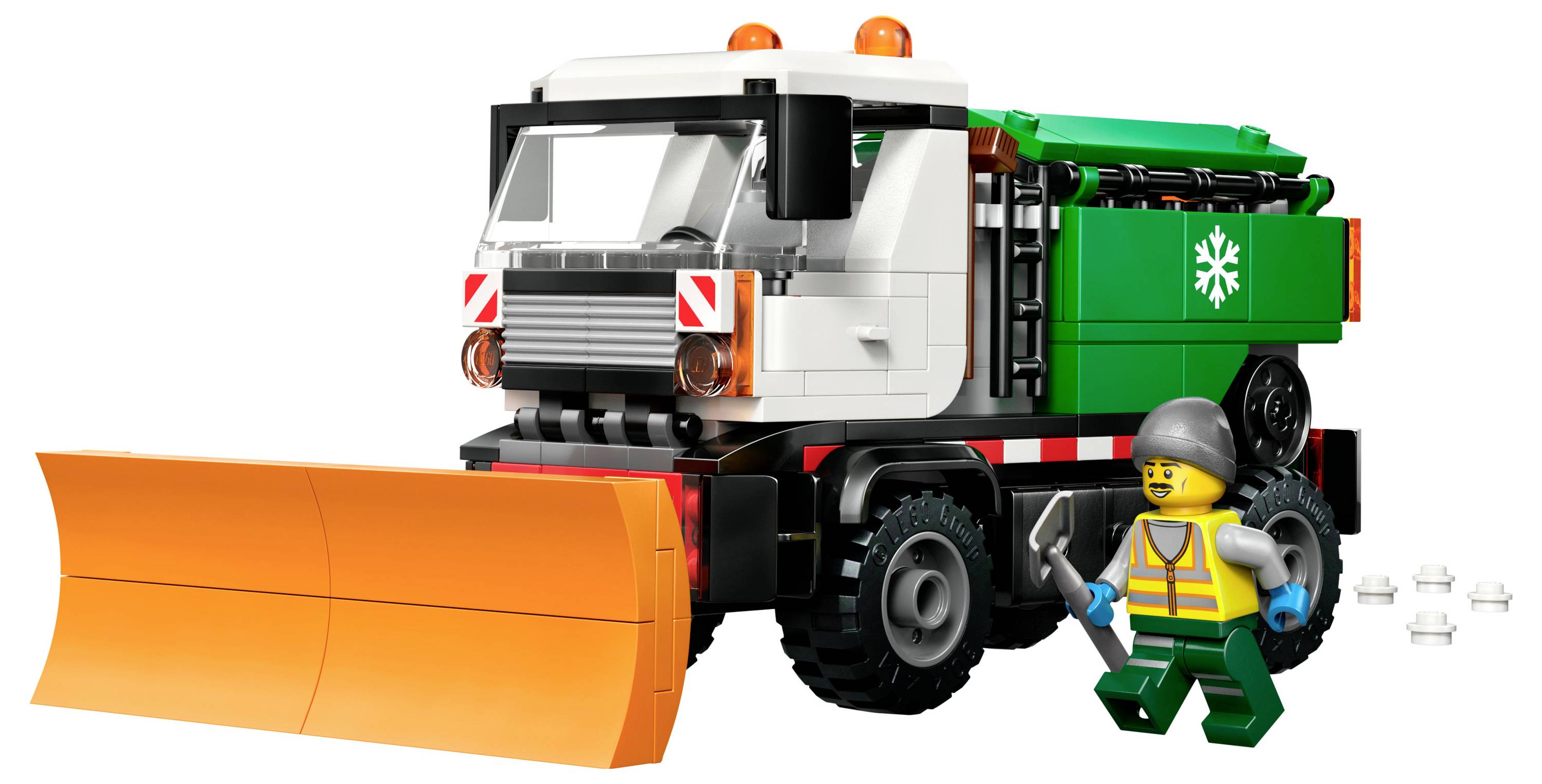 A toy snowplow truck with an orange blade and green cargo section, accompanied by a construction worker figure holding a wrench.