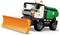 A toy snowplow with an orange blade and green body featuring a snowflake logo. It appears to be part of a building block set.
