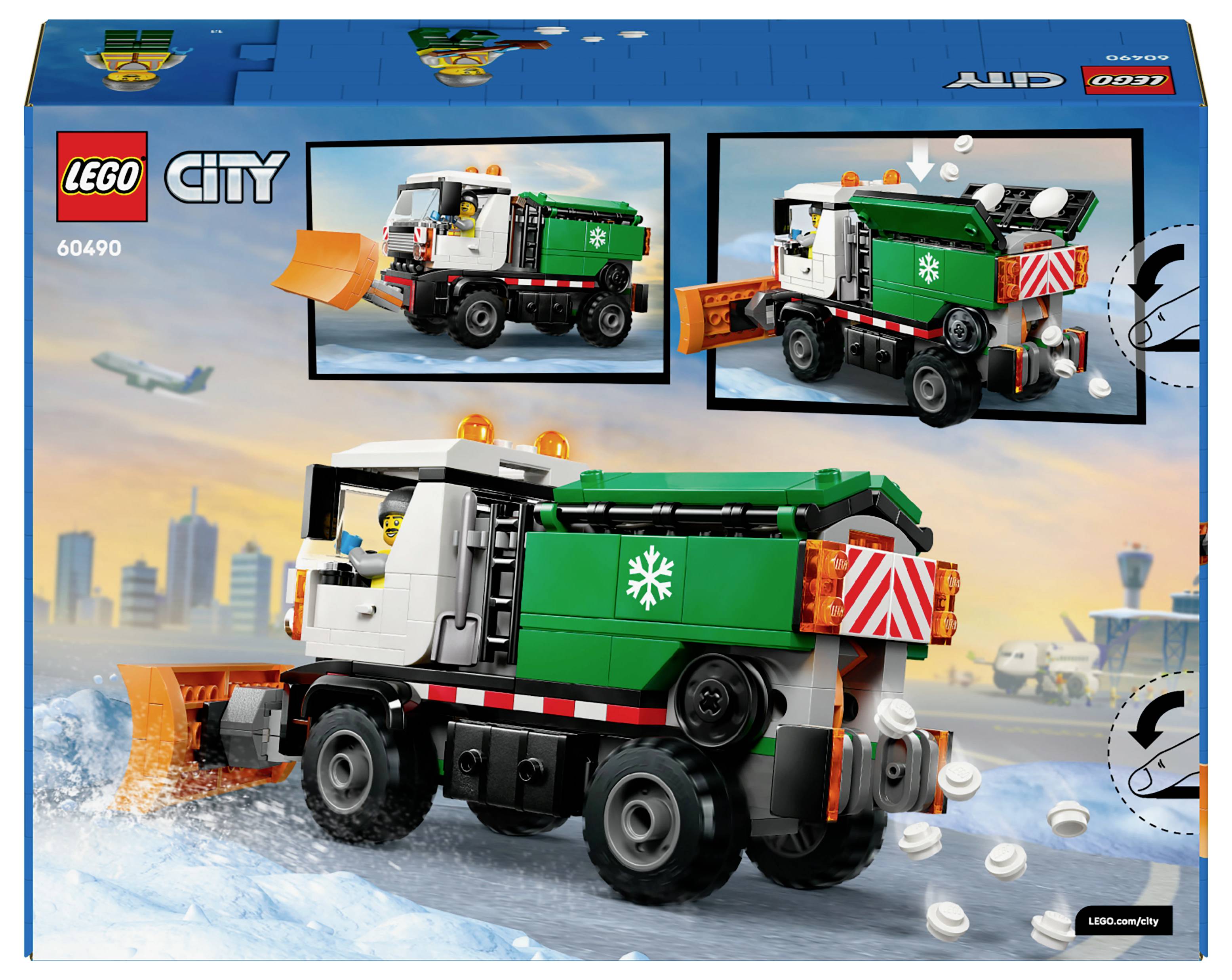 LEGO City snowplow truck set with three detailed views. Features a green and white truck with plow, snowflake emblem, and snow pieces.
