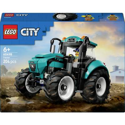 'LEGO City Tractor' set for ages 6+, includes 204 pieces. Features a teal tractor with large wheels, a farmer figure, and a backdrop of a rural scene.