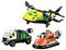 A collection of three toy vehicles: a yellow and black helicopter, a green and white tow truck, and an orange hovercraft with a figure.