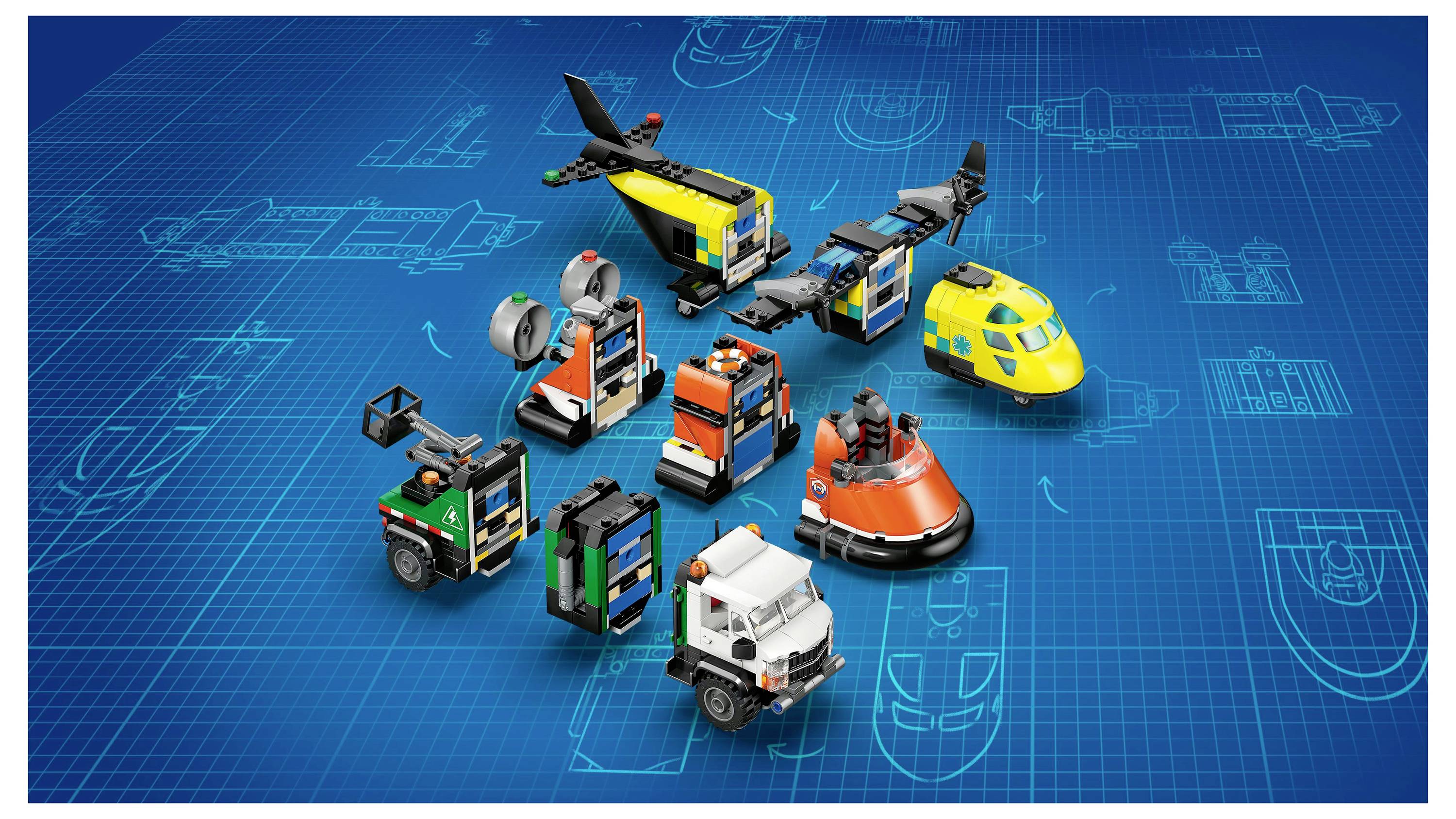 Mini LEGO models of vehicles, including planes, trucks, and a hovercraft, are displayed on a blueprint background.