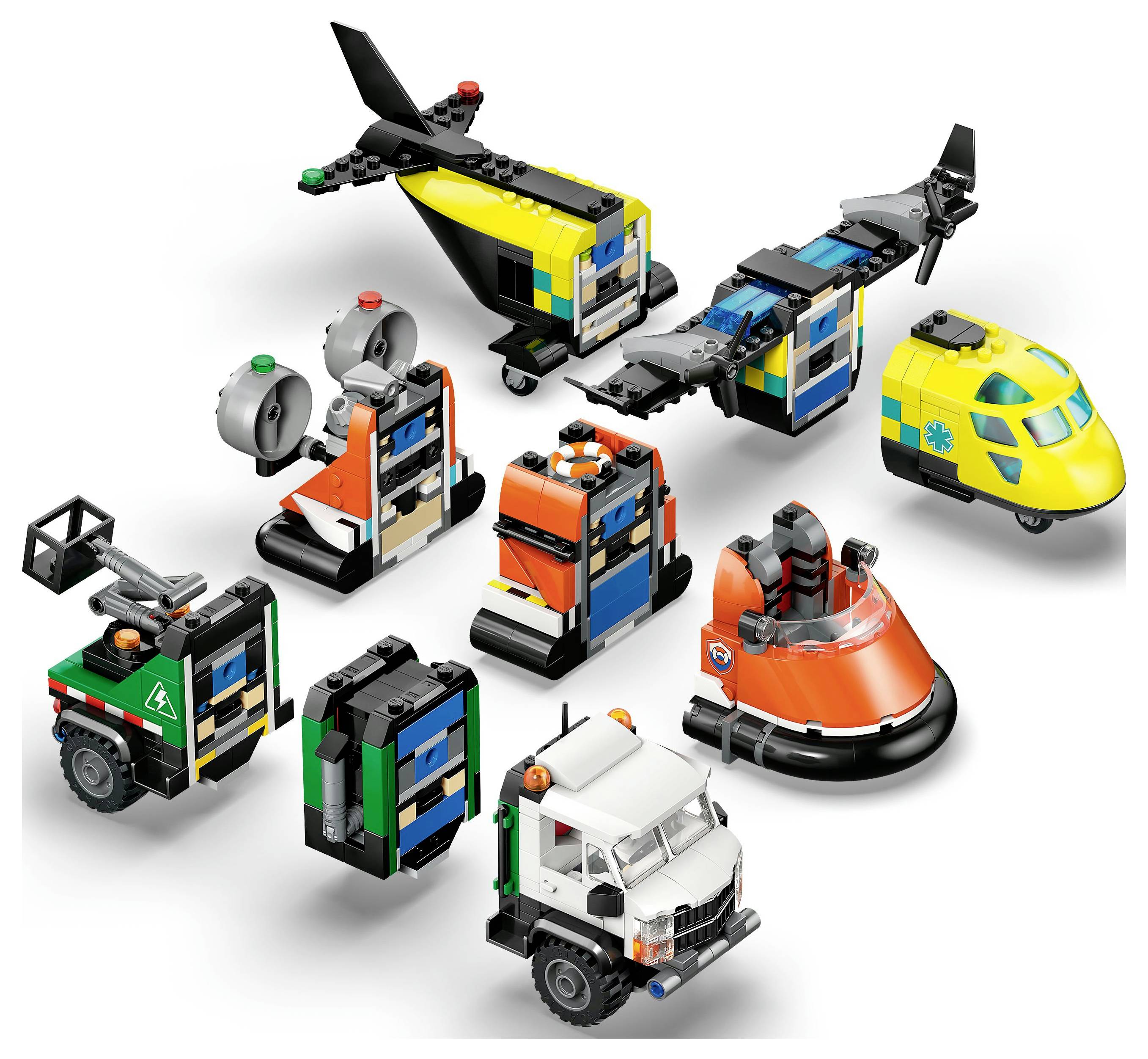 A collection of colorful toy vehicles, including a helicopter, train, and various trucks, each with unique design features and accessories.