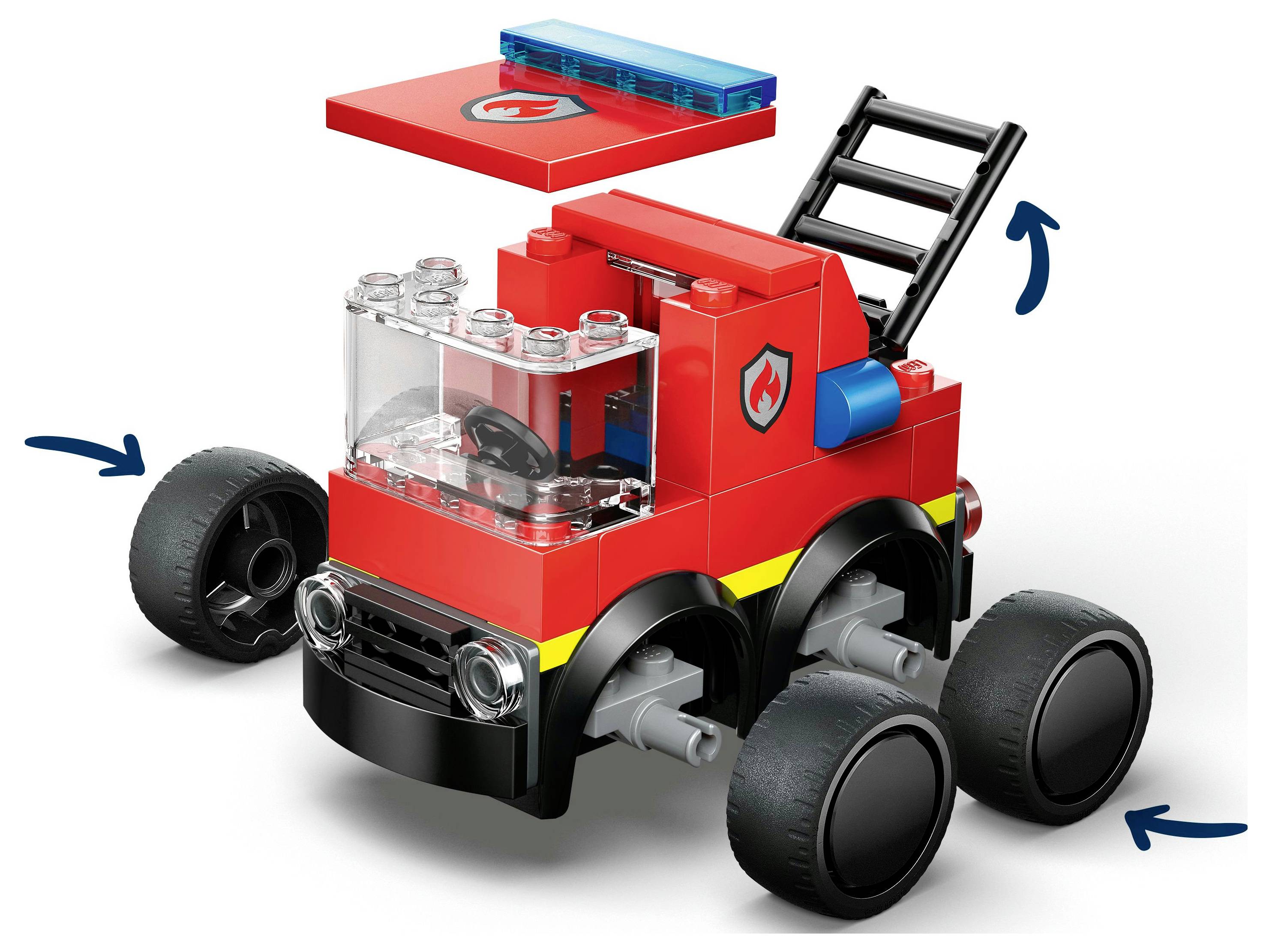 A red toy fire truck made of building blocks, featuring a ladder and four large wheels.