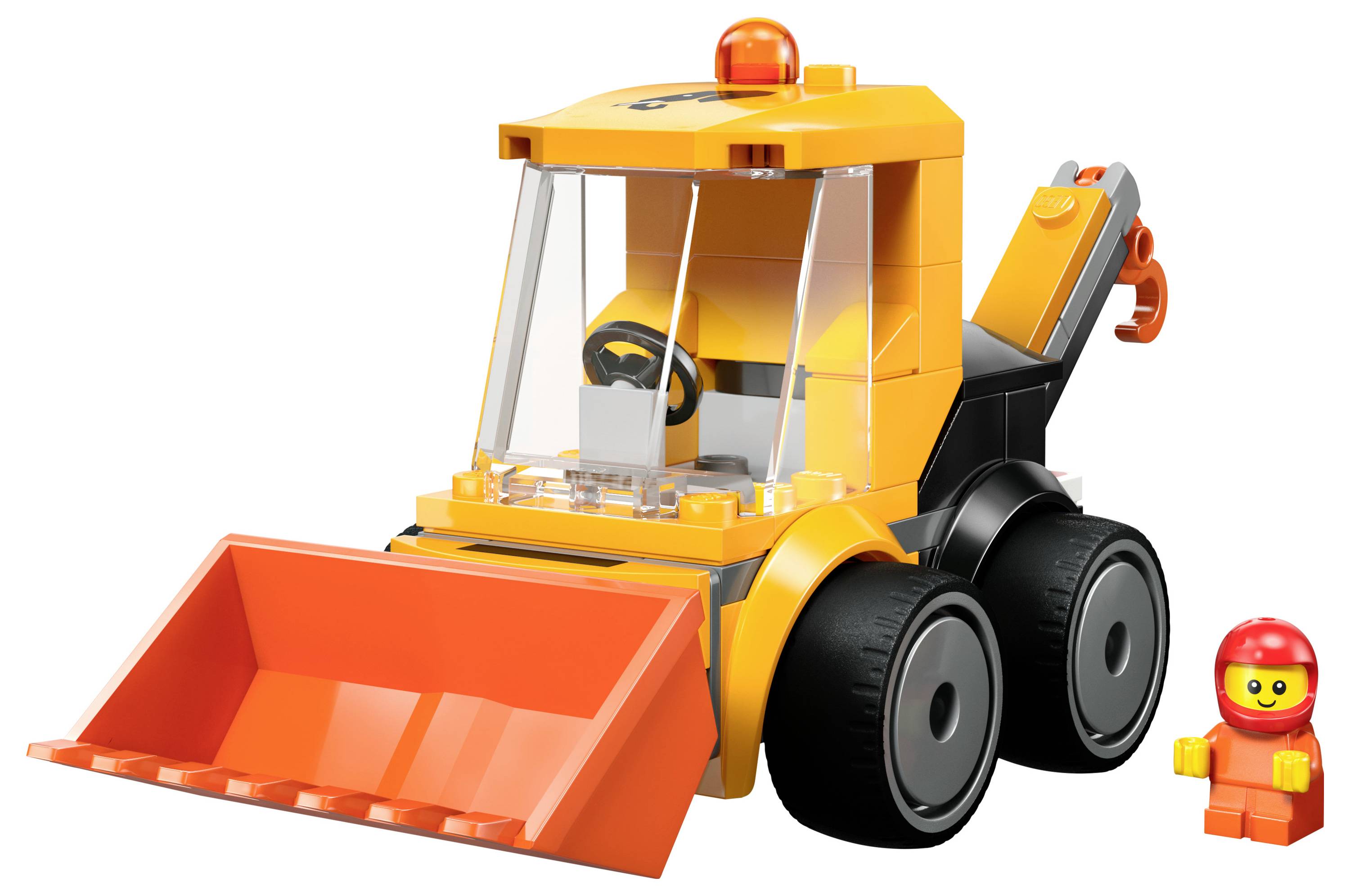 A toy construction vehicle with a large front scoop and a removable figure wearing a red helmet stands nearby.