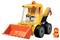 A toy construction vehicle with a large front scoop and a removable figure wearing a red helmet stands nearby.