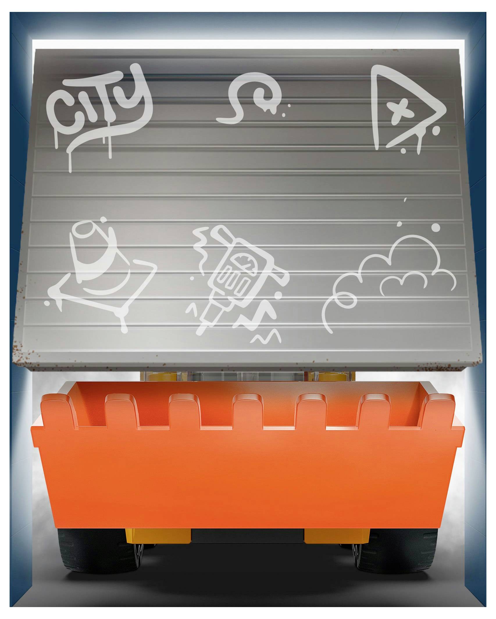 An orange truck with its back tipped upwards, featuring graffiti-like white illustrations on a metal surface, including the word 'City'.