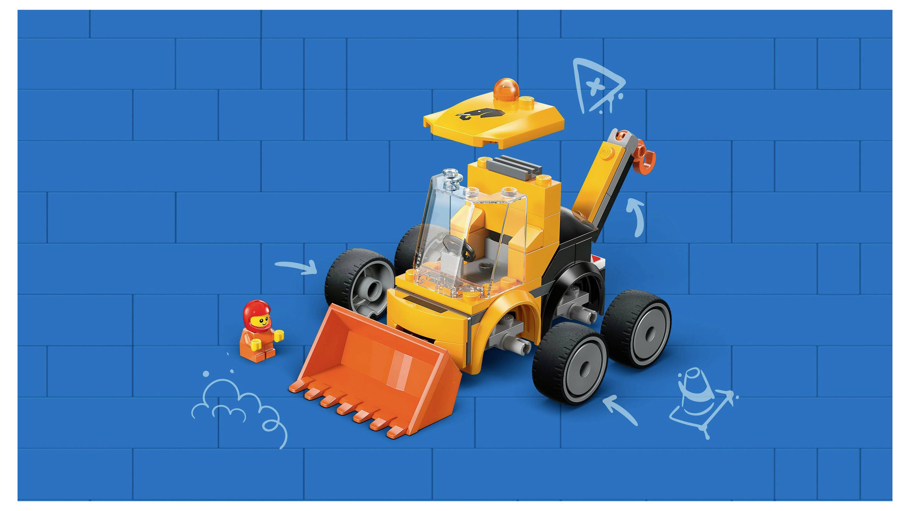 An orange toy bulldozer on a blue background with illustrated arrows and tools, next to a small figure in a red hat.