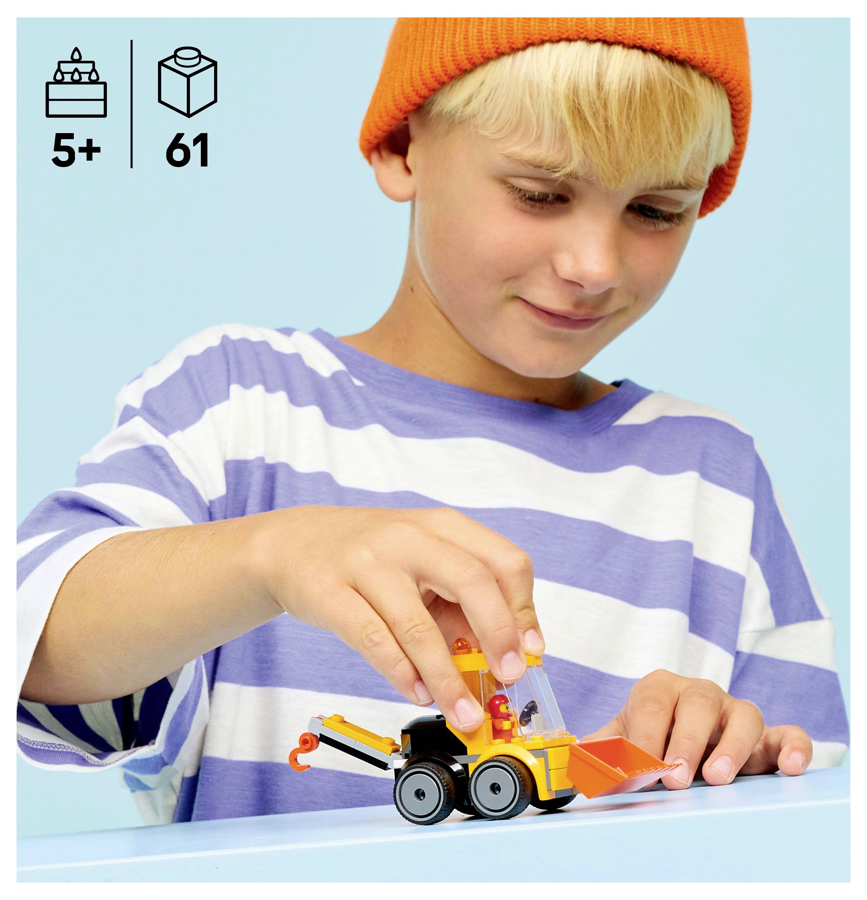 A child wearing a striped shirt and orange beanie plays with a small toy construction vehicle. Text: '5+', '61'.
