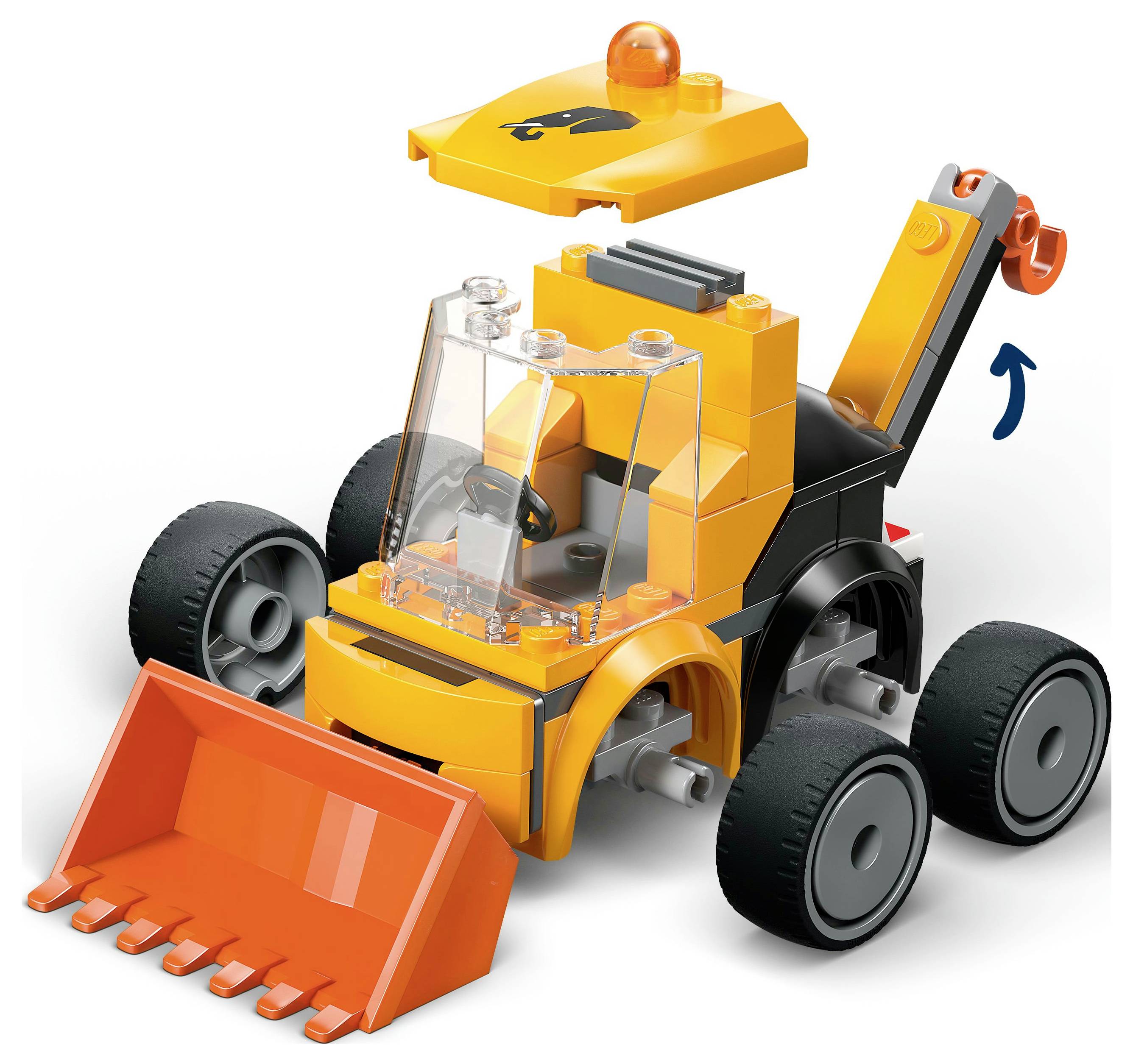 A small orange toy bulldozer with six wheels, a front scoop, and a detachable roof. The back has an extended arm with a hook.