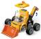 A small orange toy bulldozer with six wheels, a front scoop, and a detachable roof. The back has an extended arm with a hook.