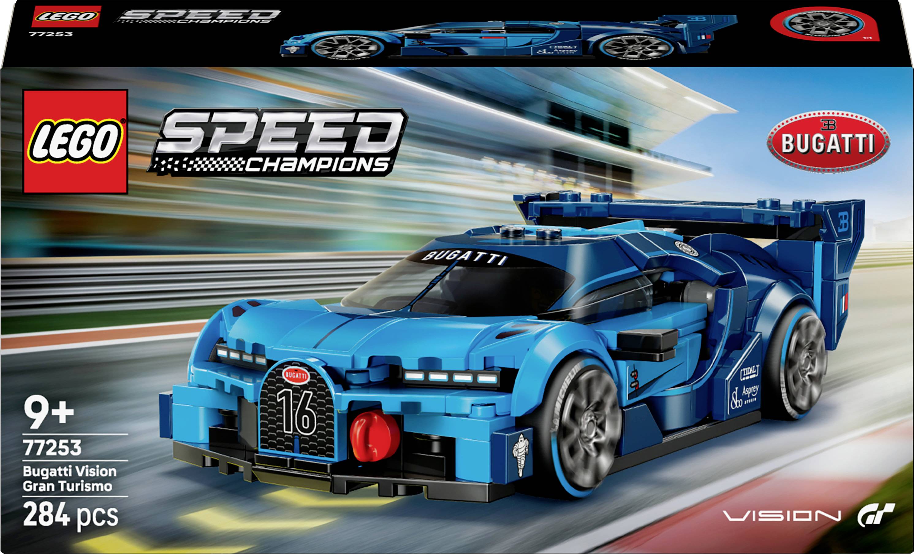 'Lego Speed Champions Bugatti Vision Gran Turismo' set for ages 9+, with 284 pieces, featuring a blue race car model.