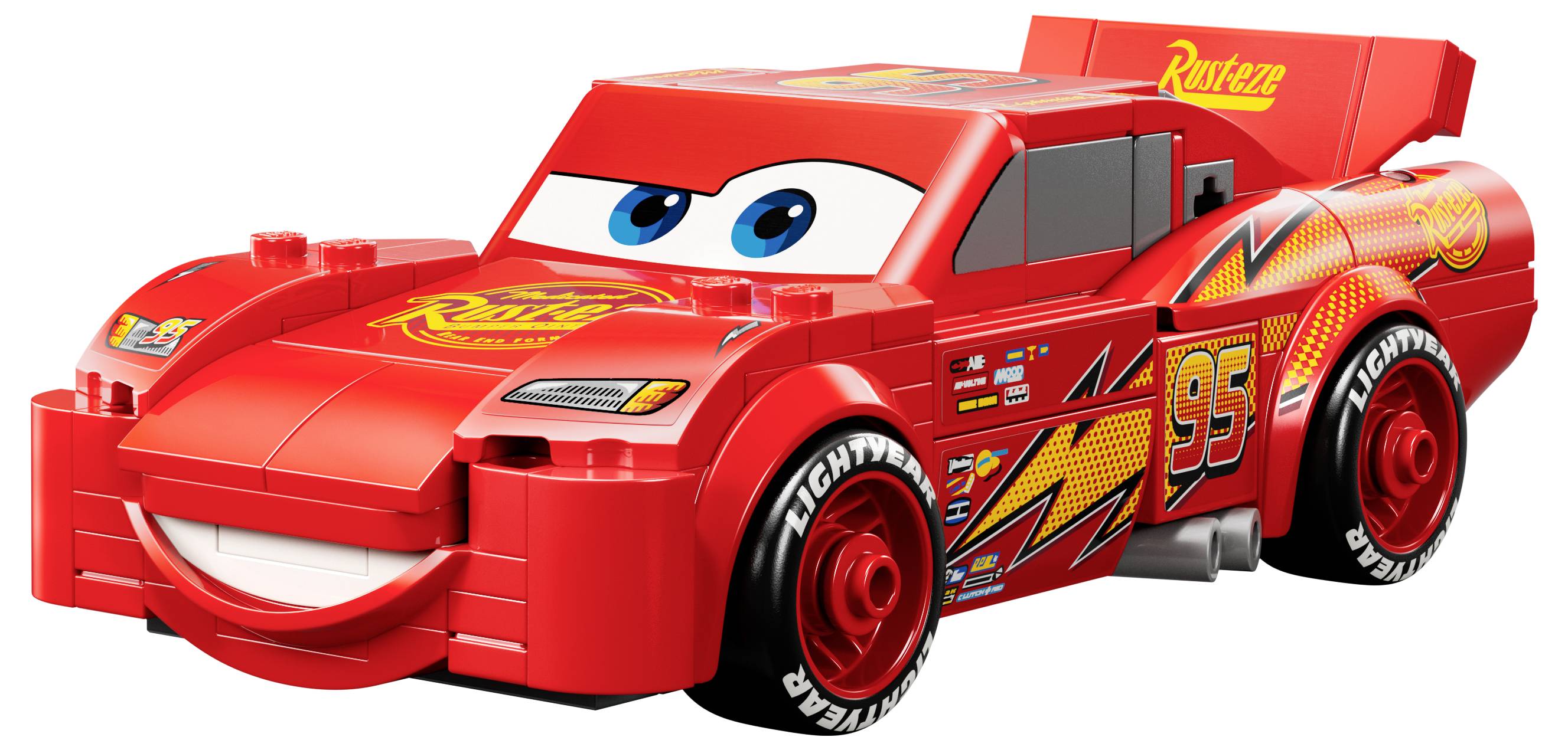 A toy car resembling a racing car, with a bright red body, eyes on the windshield, decals, and the number '95' on the side.