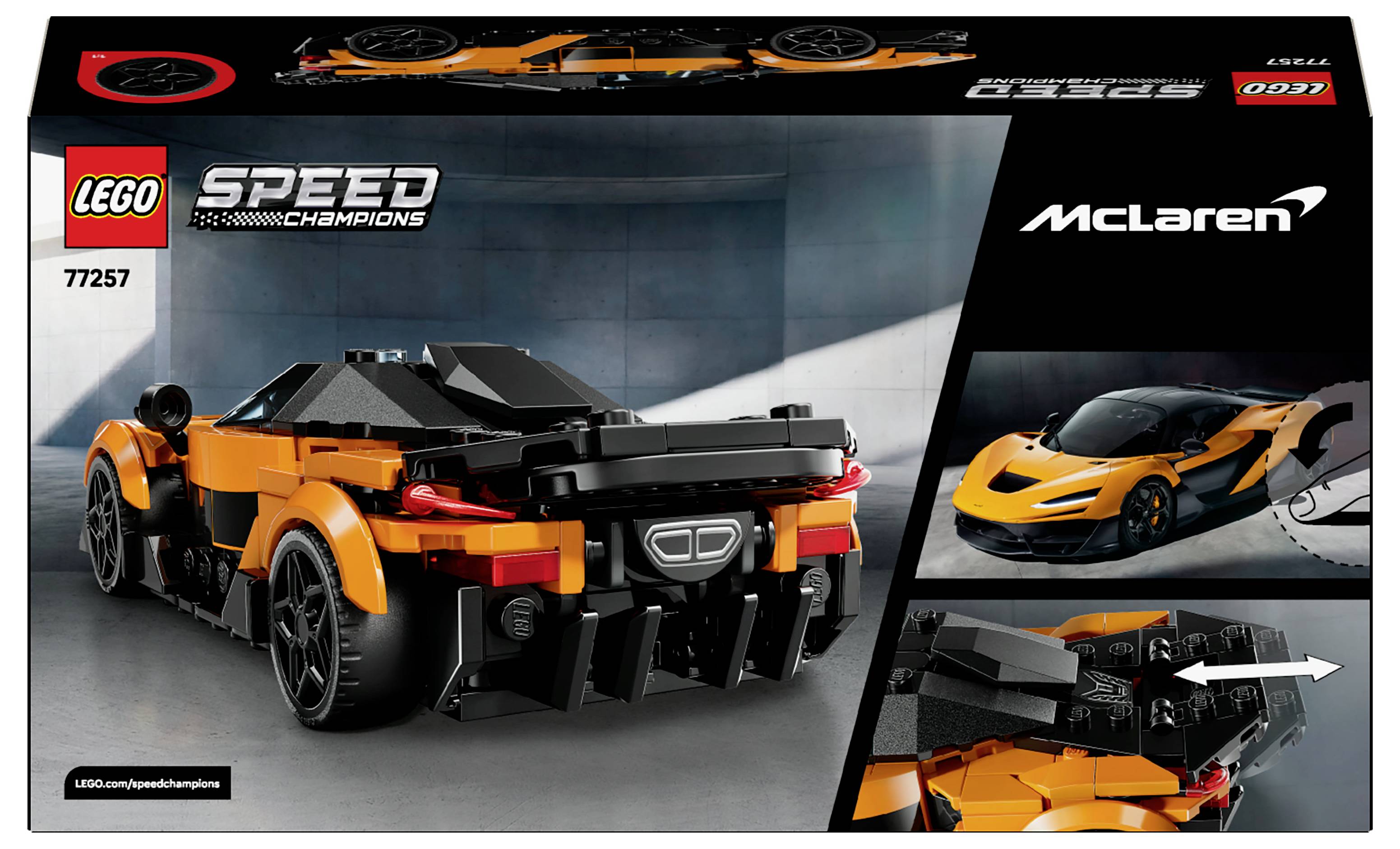 LEGO Speed Champions box featuring an orange McLaren car model set against a dark background, highlighting the toy's details and branding.
