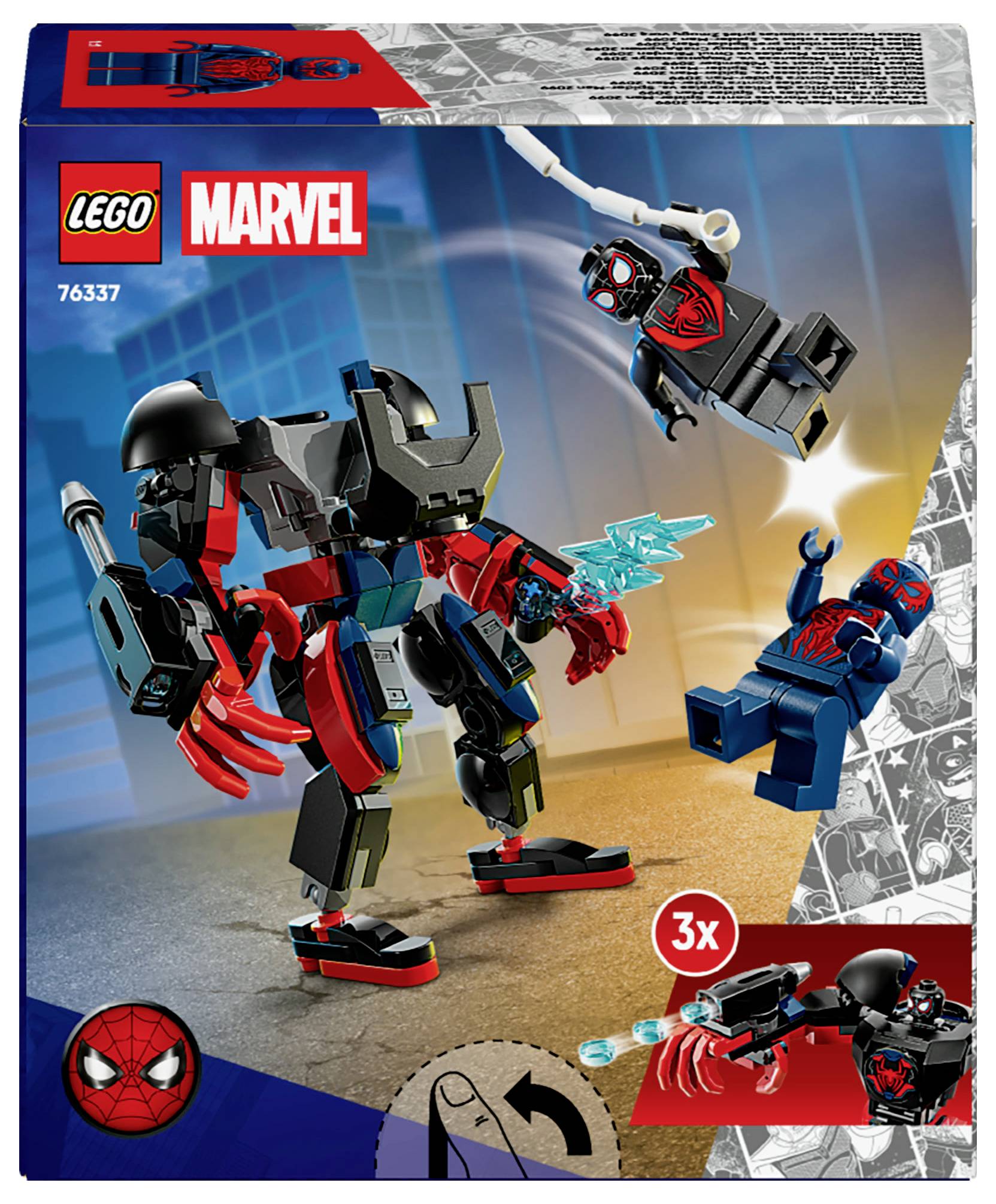 'Lego Marvel' toy set featuring a red and black robotic figure with claws and a mini Spider-Man. Includes 3 mini builds.