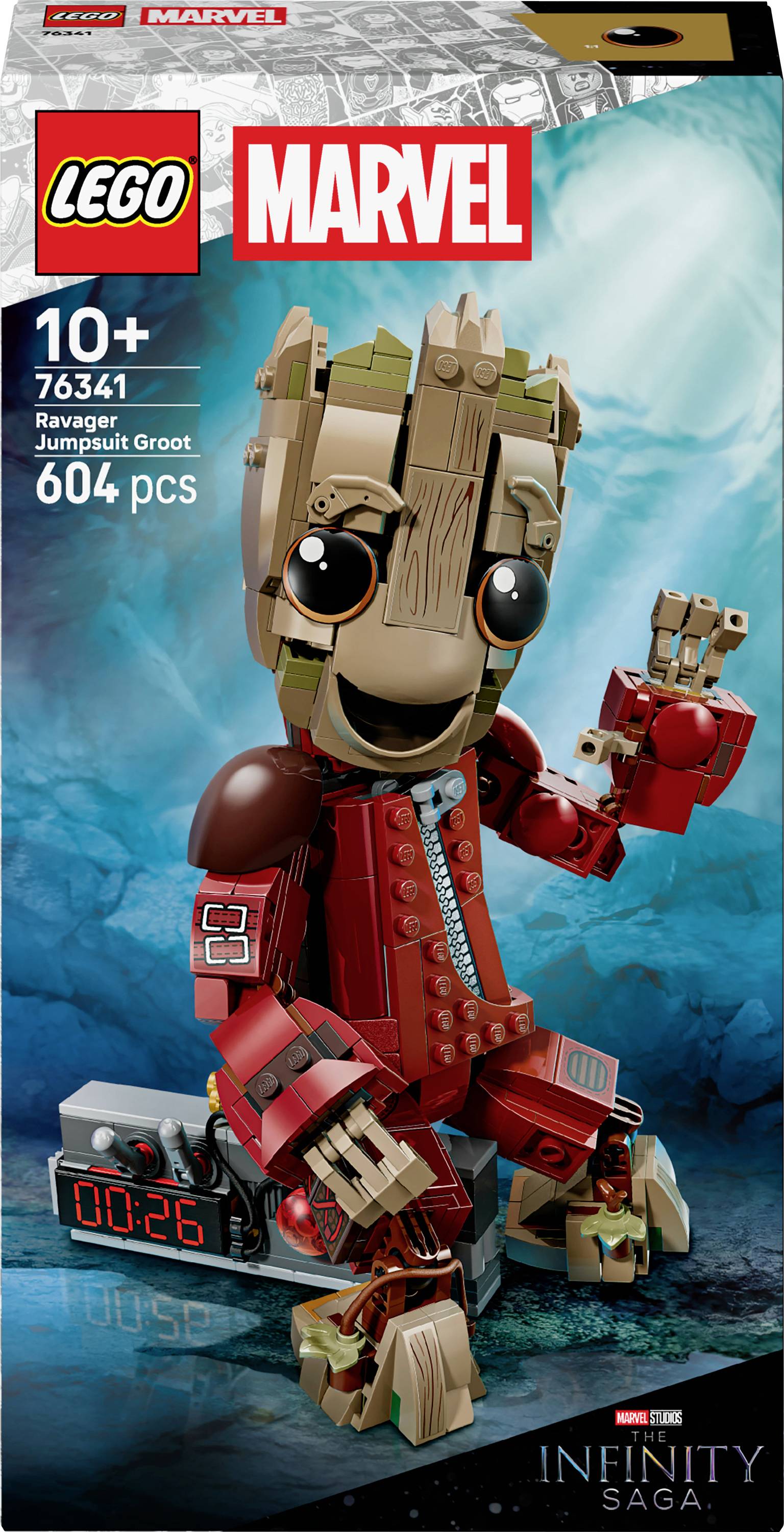 'Lego Marvel Ravager Jumpsuit Groot, set 76341, 604 pieces for ages 10 and up, featuring Groot in a red jumpsuit with a display base.'