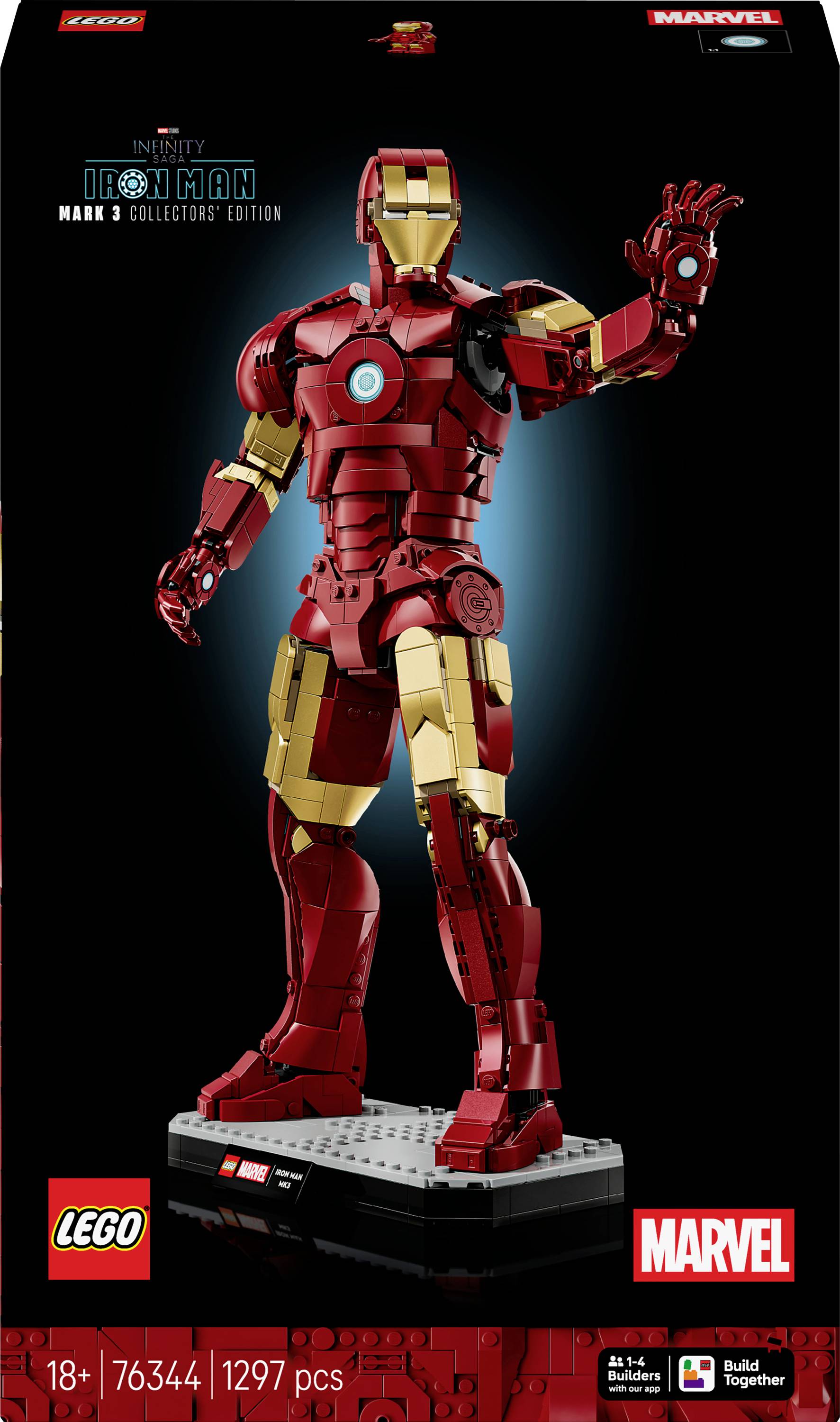 'Lego Marvel Iron Man Mark 3 set with 1297 pieces, recommended for ages 18+. Features a detailed Iron Man suit on a display base.'