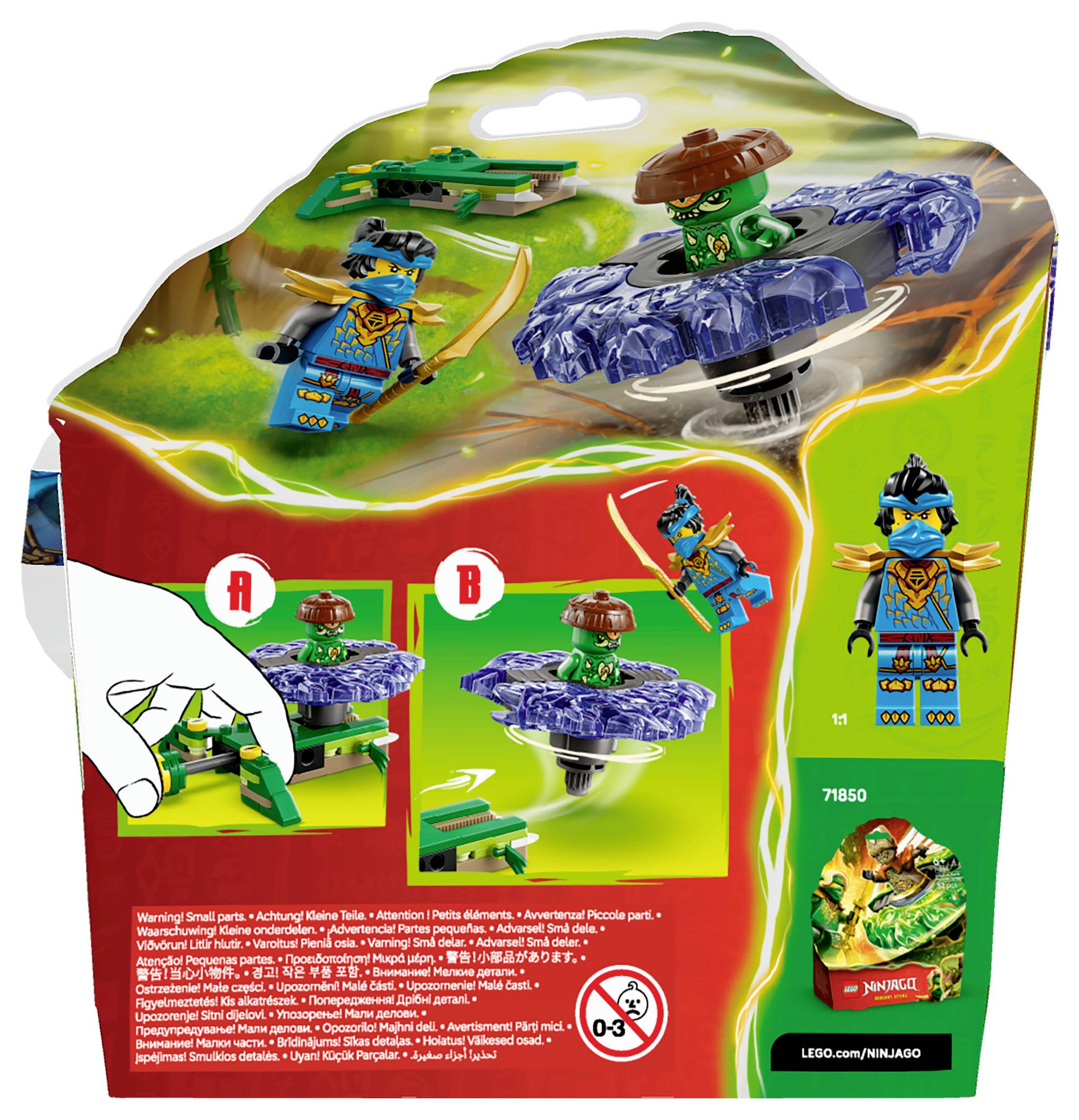 Box showing LEGO Ninjago set 717850. Features figure with wide hat on spinner, two alternate configurations. Includes assembly instructions.