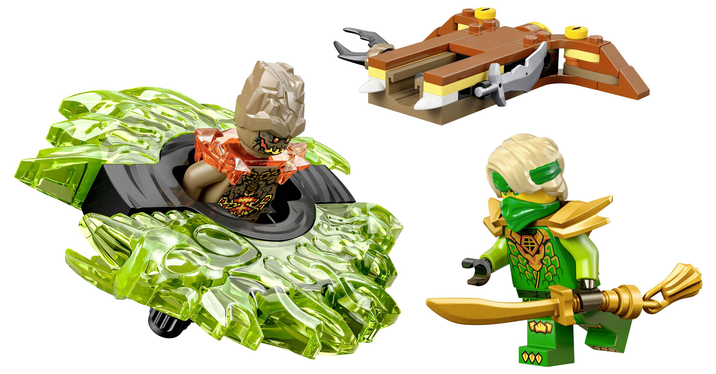 A LEGO scene features a character in a green outfit with a sword, an orange and green flying vehicle, and a spiky green rotating platform.