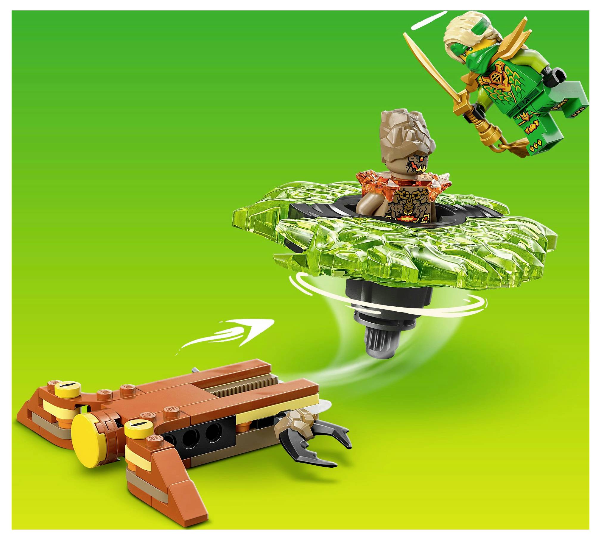Two action figures in motion: one swings a sword on a green spinning base, while another, brown and clawed, is stationary on an orange base. Bright green background conveys energy.