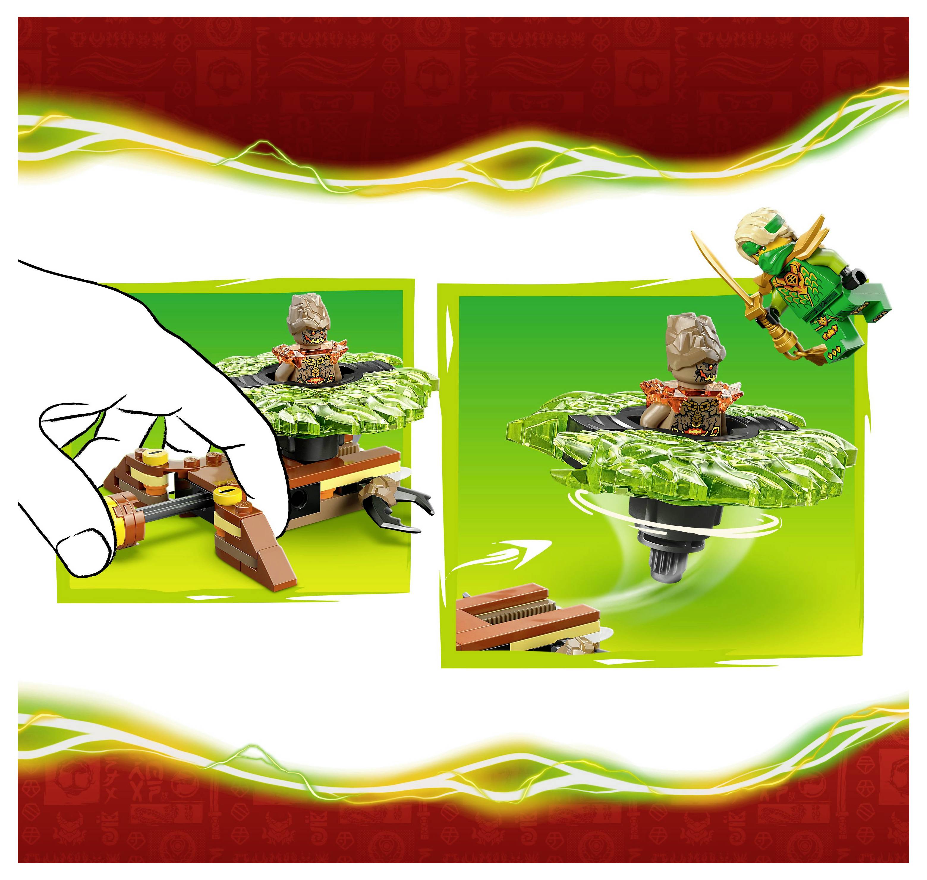 A hand spins a toy figure on a green base. Another image shows the toy figure in mid-air with a green and orange background.