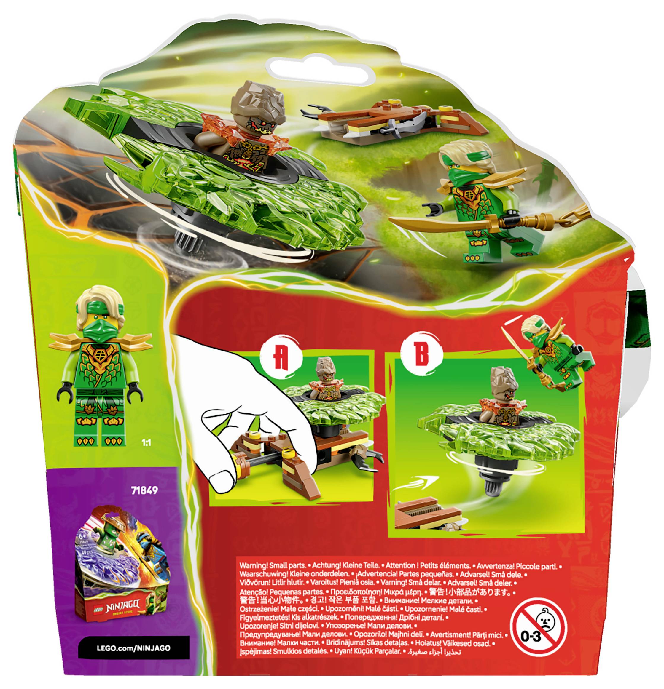 Toy packaging: Features two action figures spinning on leaf-shaped platforms, with 'A' and 'B' labeled instruction visuals for assembly.