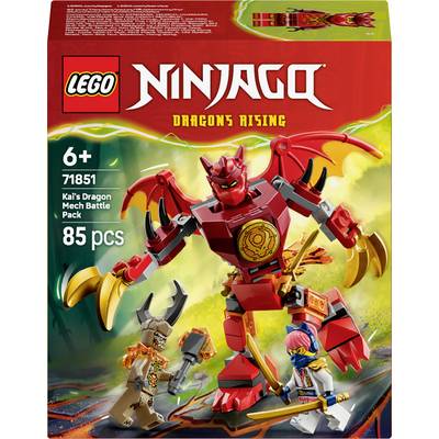 LEGO Ninjago 'Dragons Rising' set 71851. Features a dragon mech with 85 pieces and two character mini-figures. For ages 6 and up.