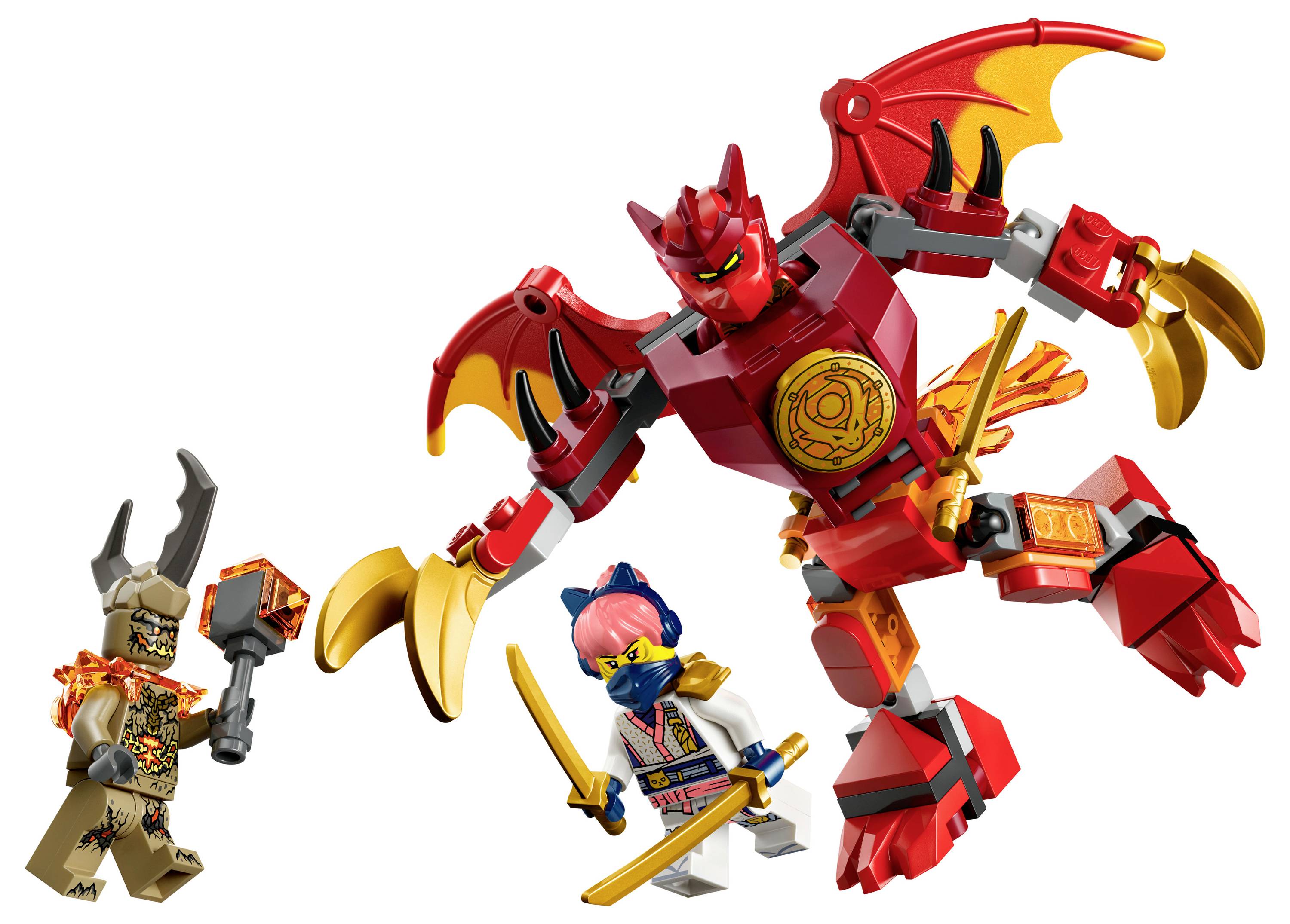 A red winged LEGO creature with claws is attacking; two smaller LEGO figures, a warrior with a sword and a horned figure, face it.