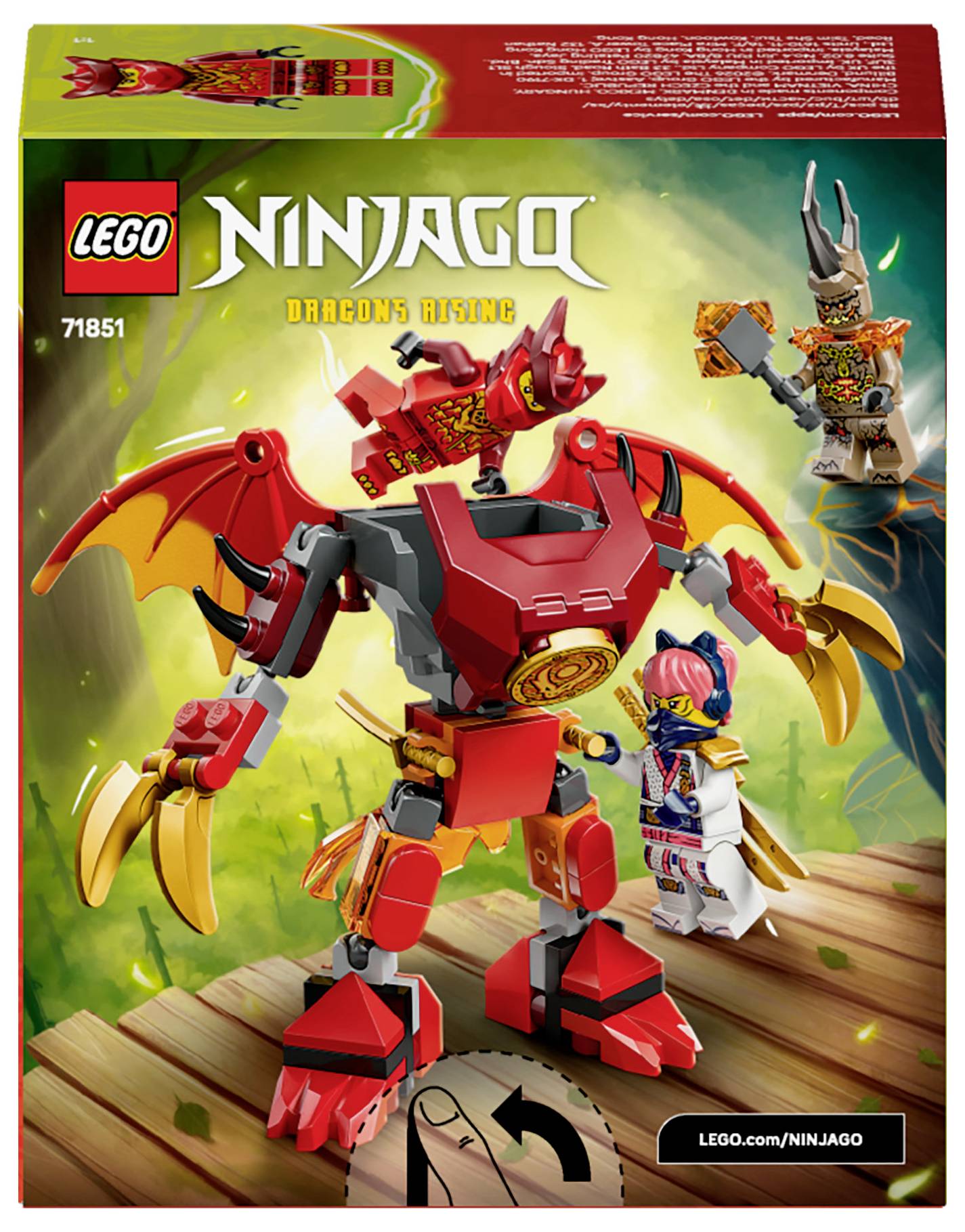 'Ninjago Dragon's Rising' LEGO set box with a red dragon mech and two character figures in a forest setting; model number 71851.