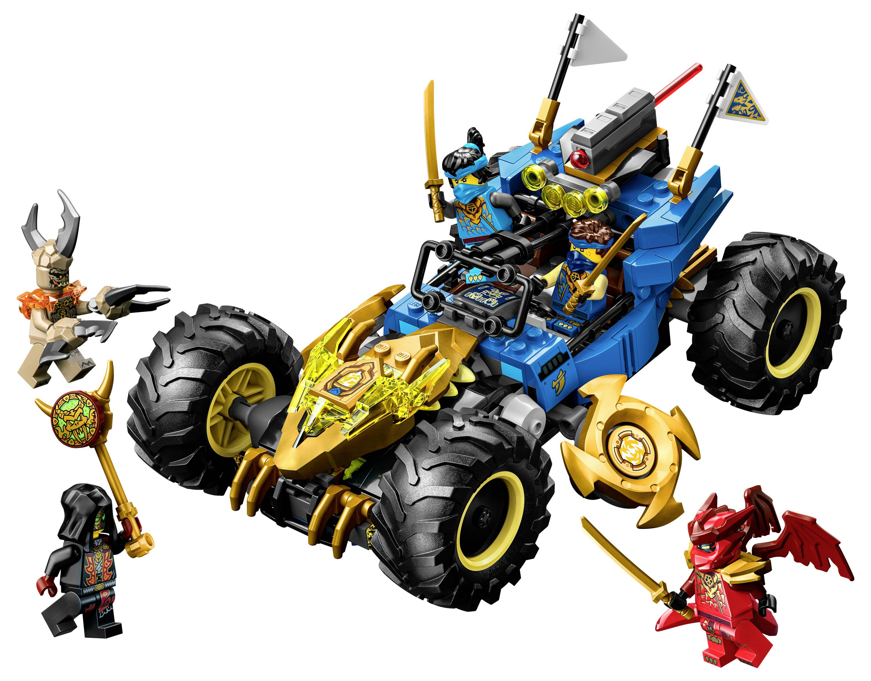 A toy set featuring a blue and gold off-road vehicle with large wheels, two figures inside, and three additional action figures nearby.