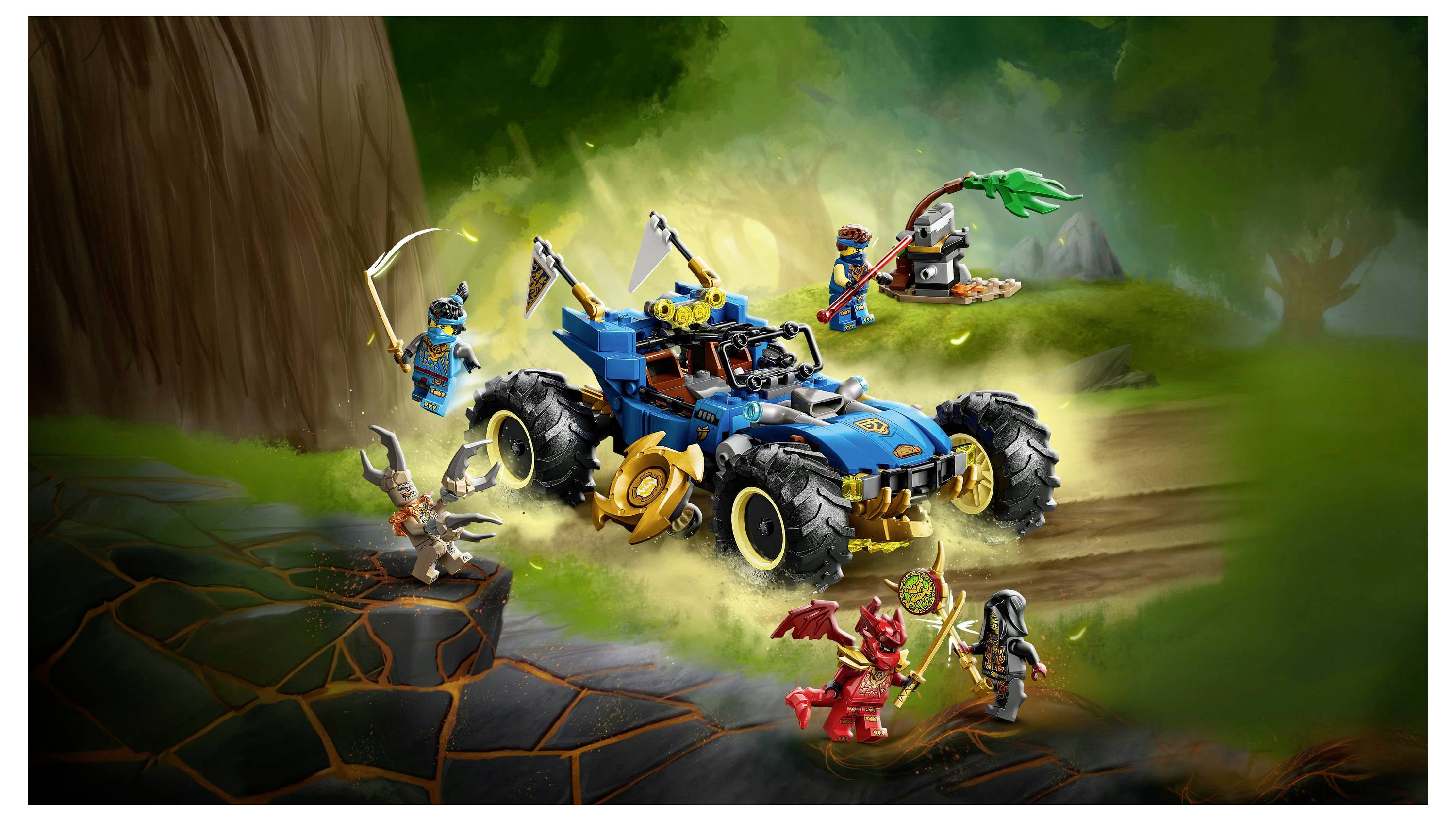 A blue toy monster truck with characters in a fantasy forest setting. Figures hold swords and shields, suggesting an action scene.