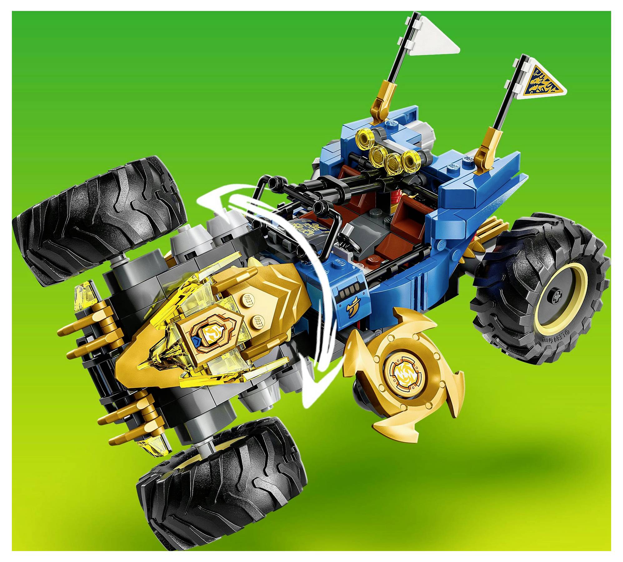 A blue and gold LEGO off-road vehicle with large tires is shown in mid-jump against a green background, featuring flags and shield emblems.
