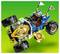 A blue and gold LEGO off-road vehicle with large tires is shown in mid-jump against a green background, featuring flags and shield emblems.