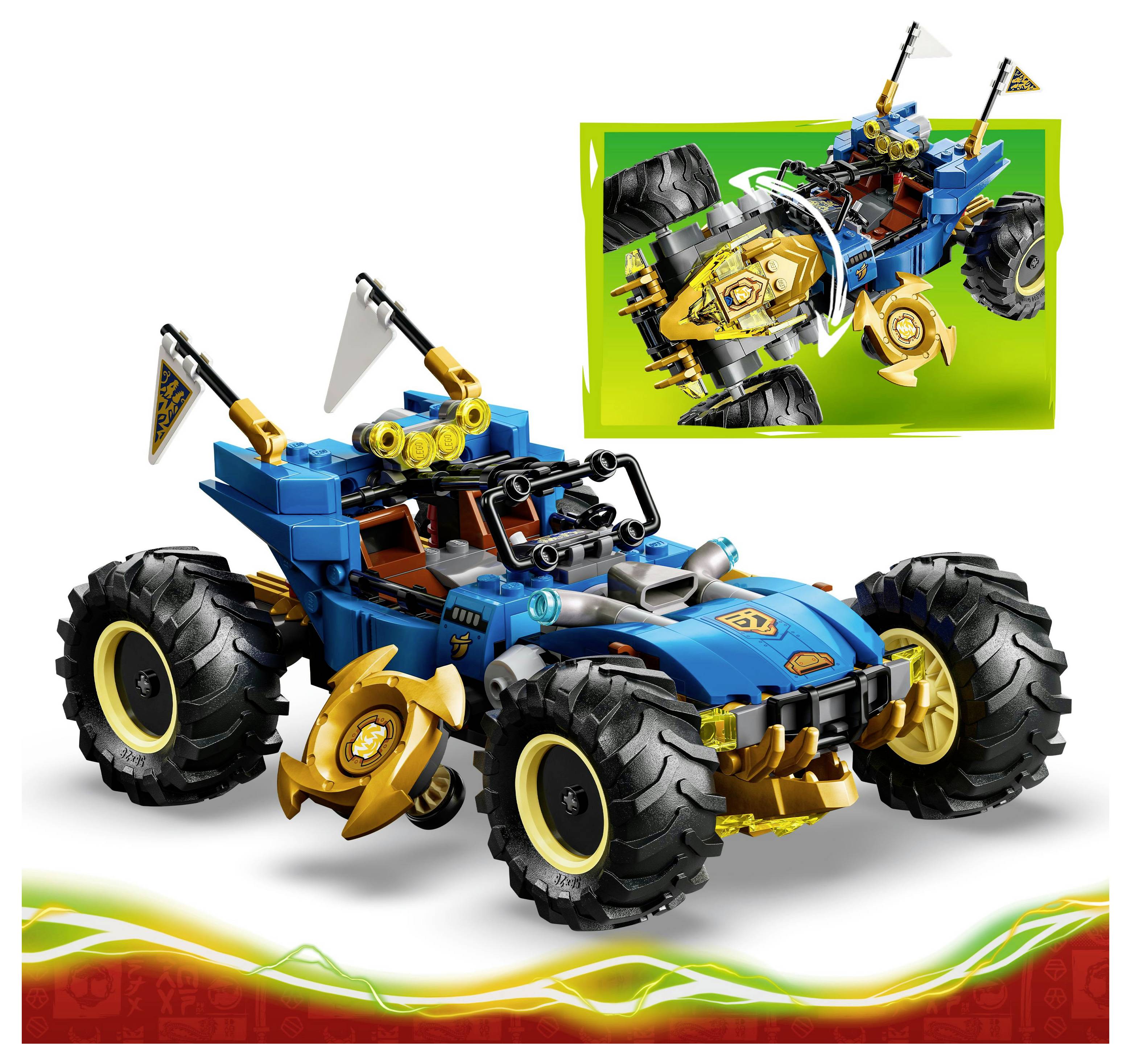 A blue and gold toy car with large tires, spikes, and flags; another view shows it transformed into a different mode with varied accessories.