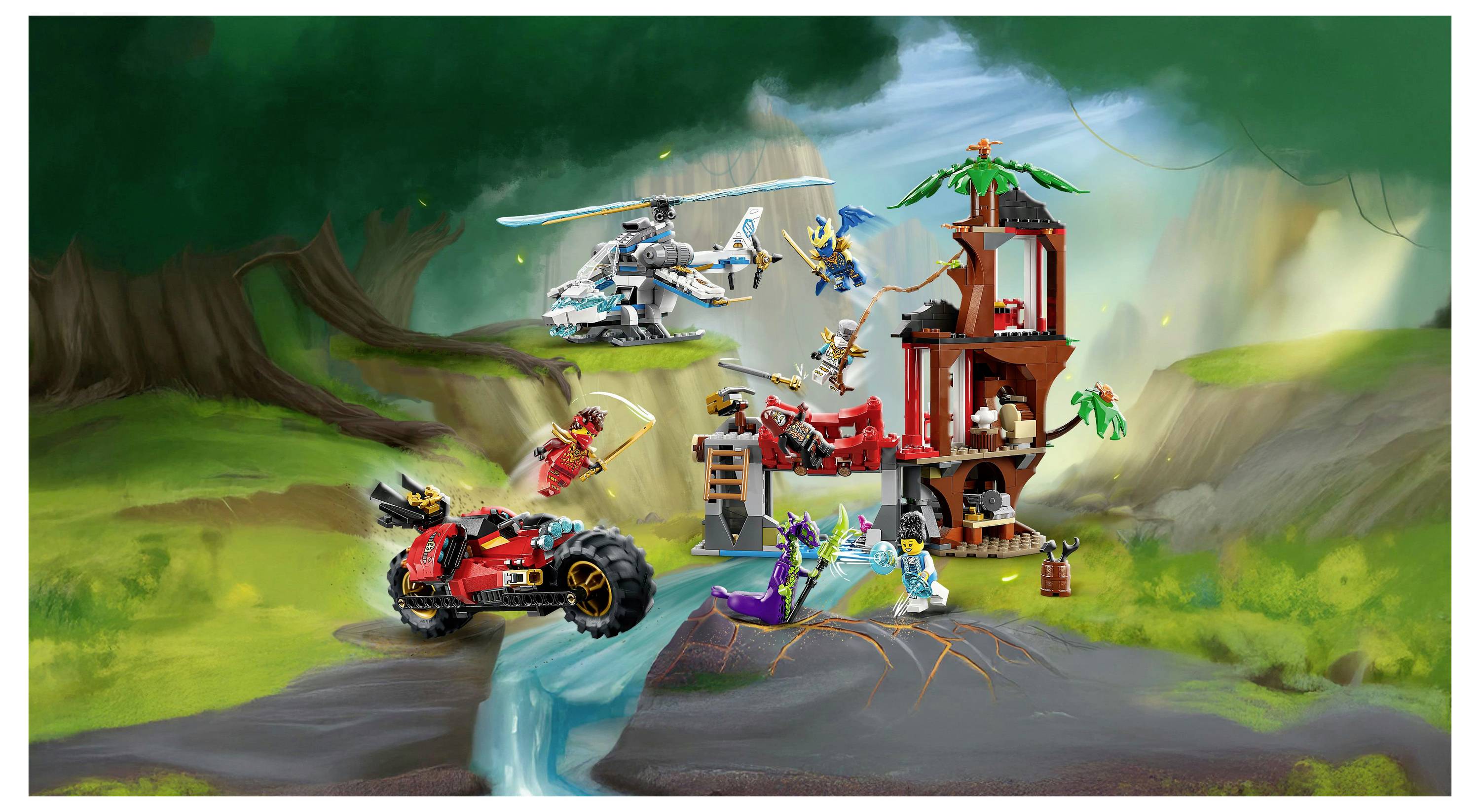A colorful toy jungle scene featuring an off-road vehicle, a helicopter, multiple action figures, and a multilevel treehouse set in a forest.
