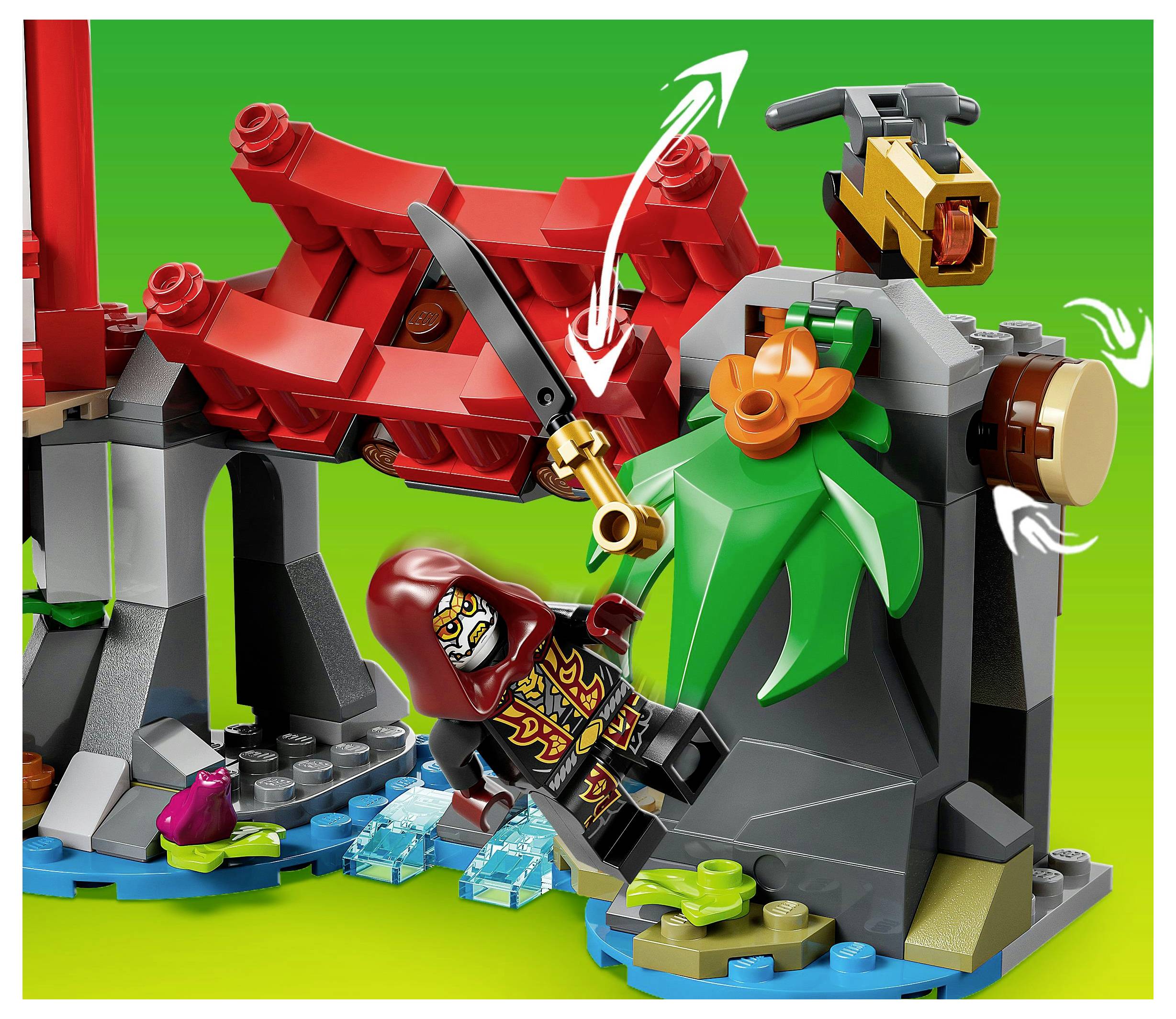 A toy figure with a red hood scales a rocky terrain with a green plant, holding a golden sword, against a vibrant green background.