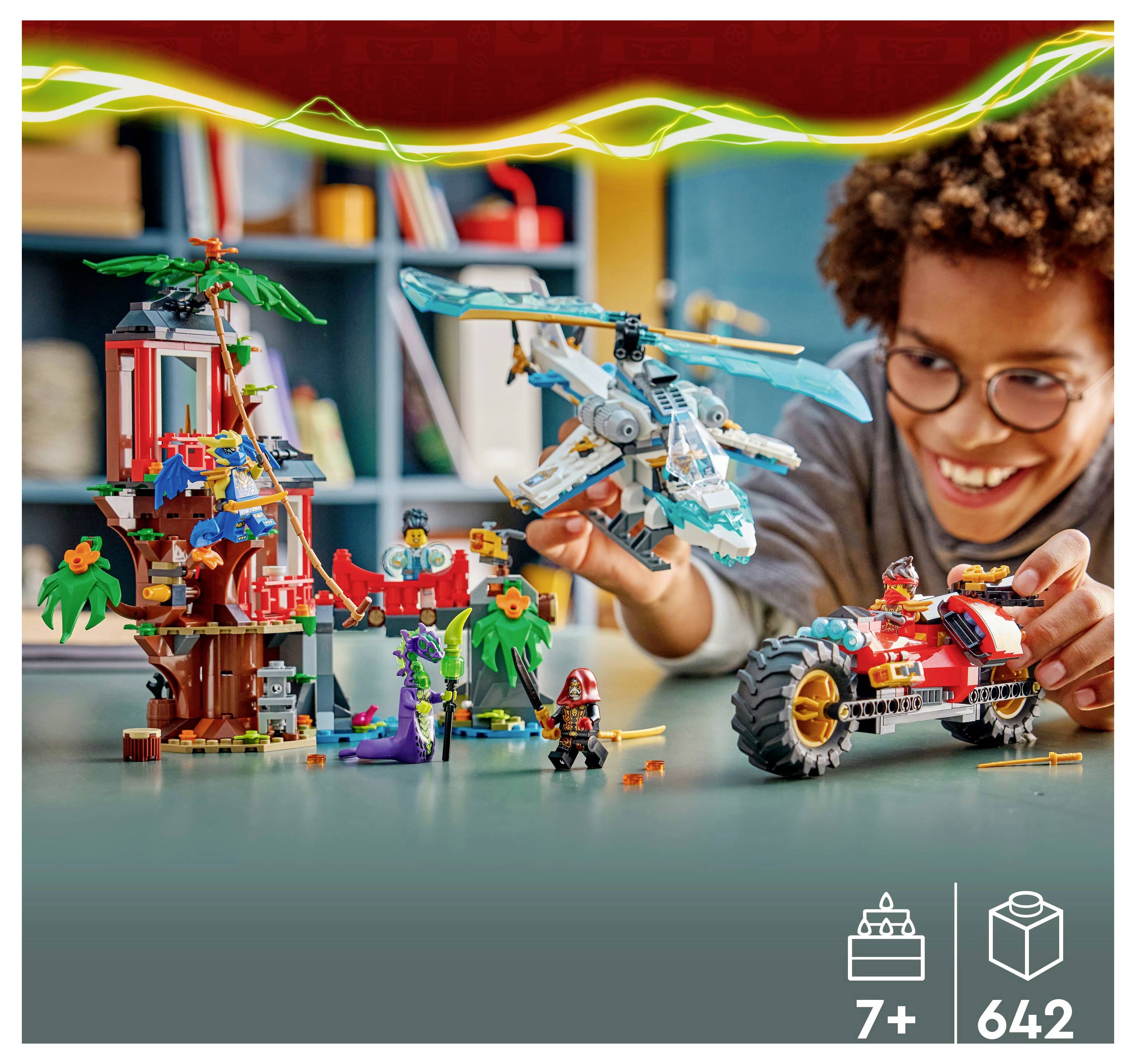 A child plays with a colorful building set, including a treehouse, a helicopter, and a motorcycle, recommended for ages 7 and above, with 642 pieces.