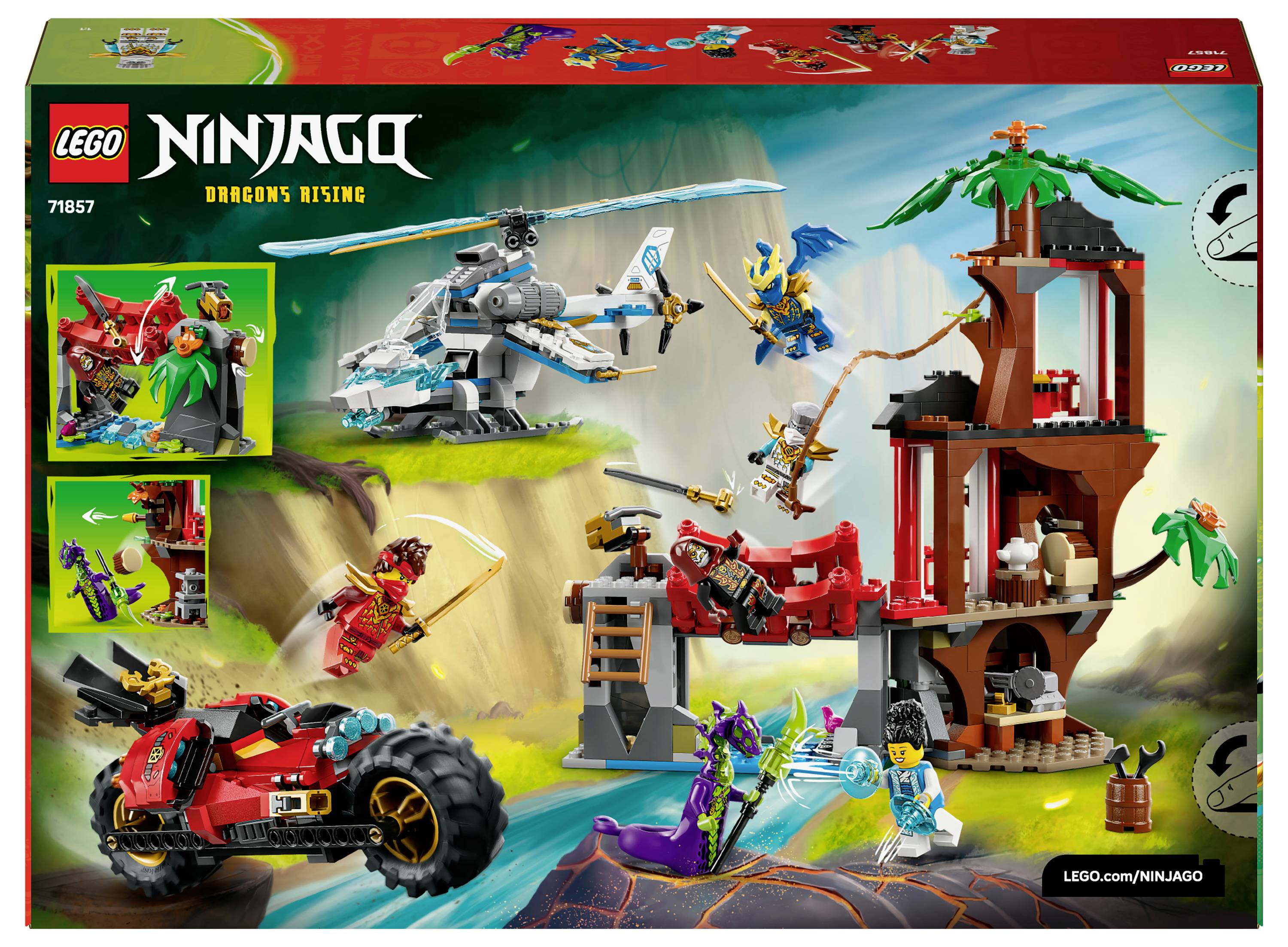 'Lego Ninjago: Dragons Rising' set with helicopter, characters, dragon, and building. Contains action-packed scenes and vehicles.