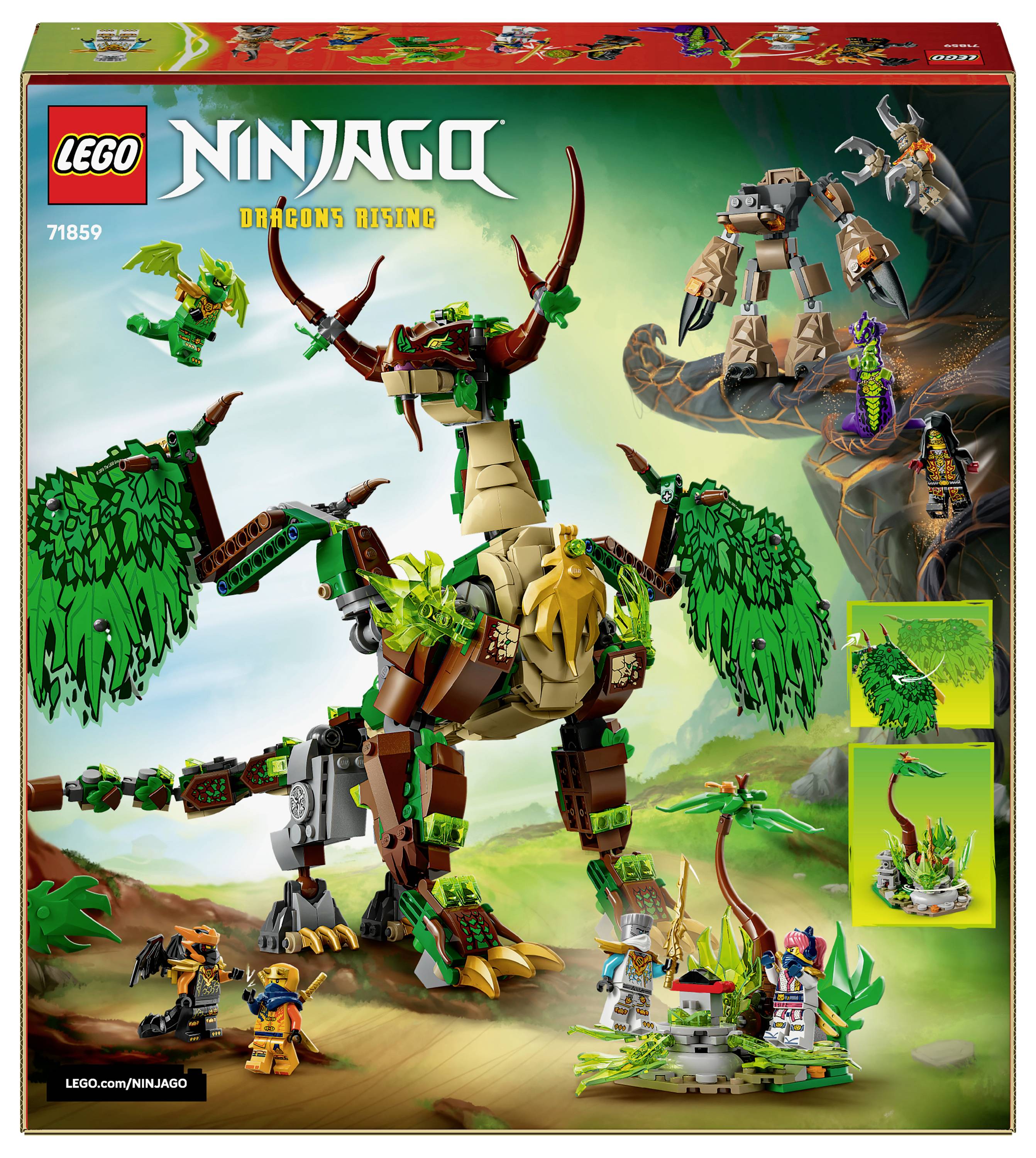 LEGO Ninjago 'Dragons Rising' set 71859 box, featuring a green dragon, minifigures, and accessories. Fantasy action theme.